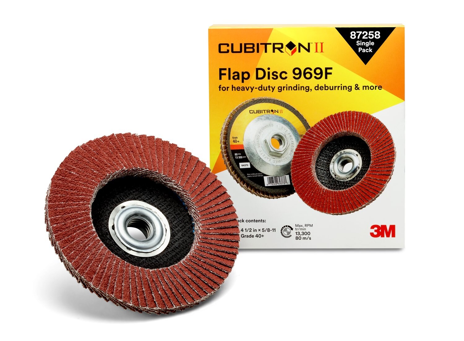 7100109866 - 3M Cubitron II Flap Disc 969F, 40+, T27 Quick Change, 4-1/2 in x
5/8"-11, 10 ea/Case, Single Pack