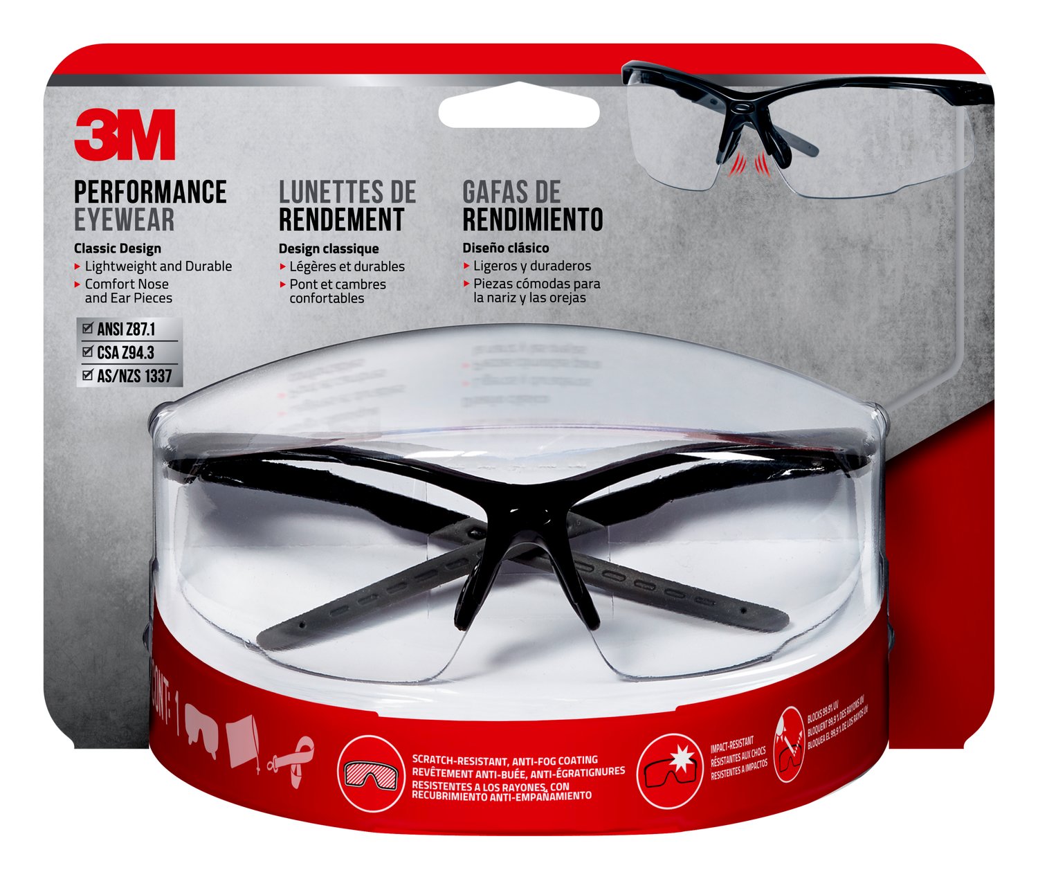 7100166606 - 3M Performance Eyewear 47070H1-DC Black/Gray, Clear Lens, Anti-Fog, 4/Case