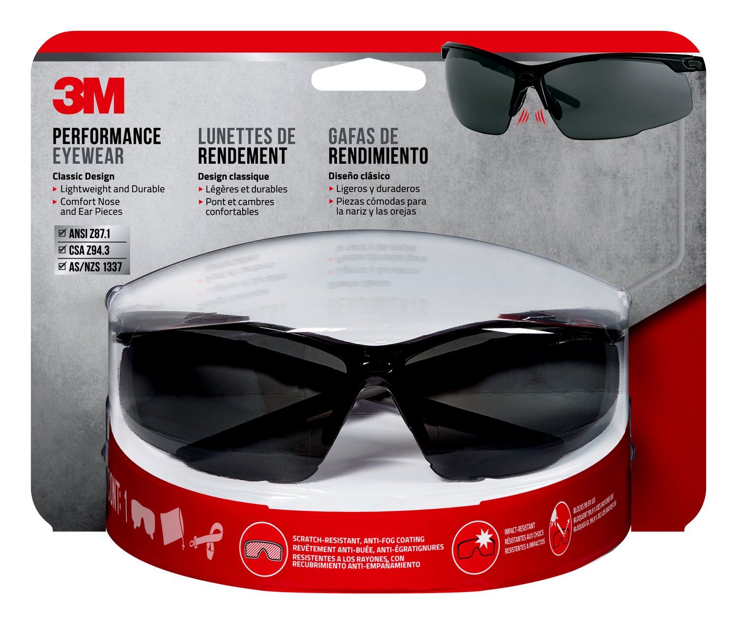 7100166636 - 3M Performance Eyewear Anti-Fog, 47070H1-DC, Black/Gray, Clear Lens, 4/Case