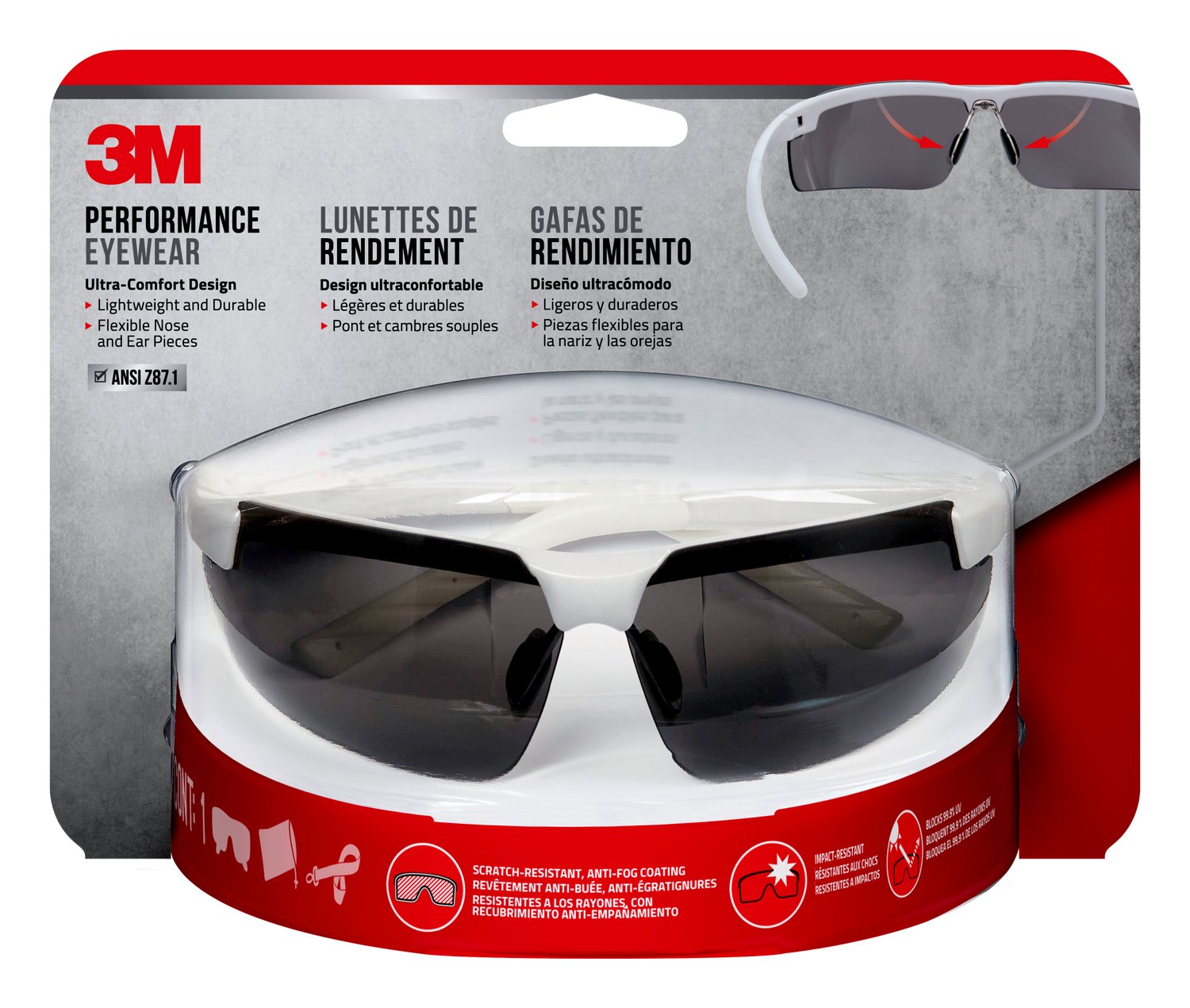 7100160817 - 3M Performance Eyewear Anti-Fog, 47080H1-DC, White, Gray Lens, 4/case
