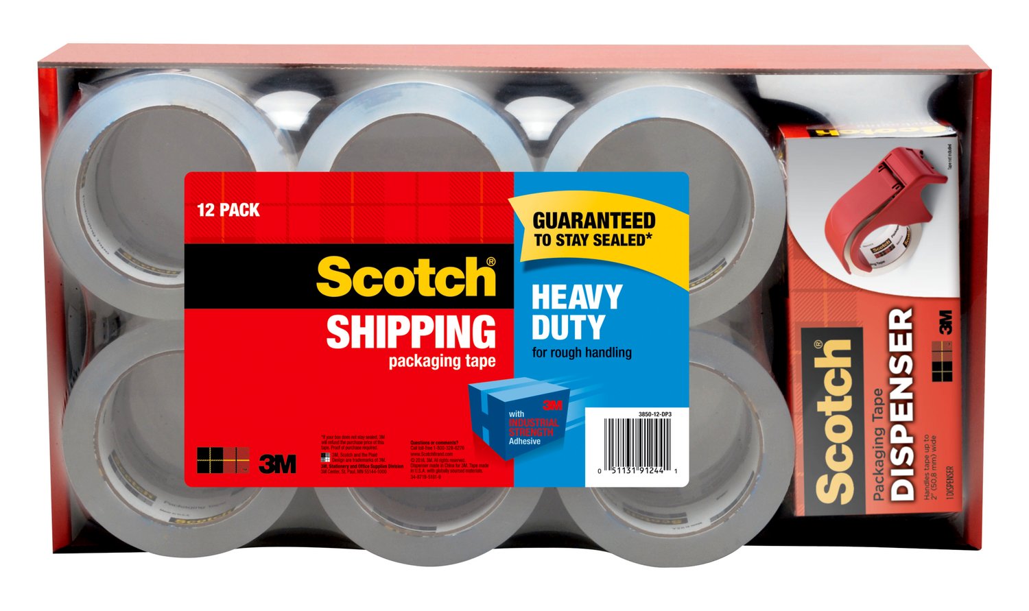 7100160775 - Scotch Packaging Tape Heavy Duty Shipping, 3850-12-DP3, 1.88 in x 54.6
yd (48 mm x 50 m), 12 Rolls/Pack