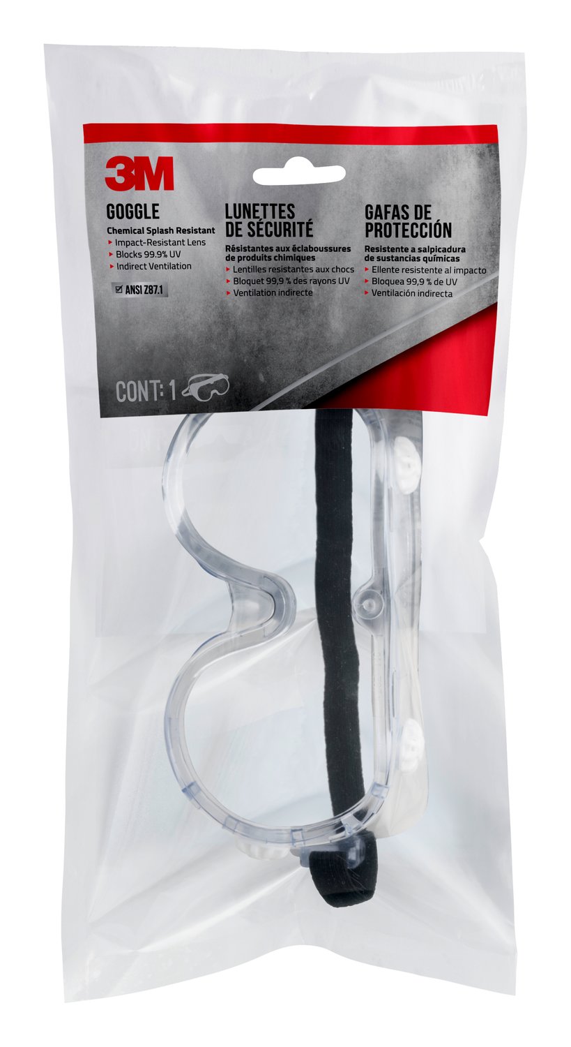 7100160473 - 3M Goggle Chemical Splash, 91252H1-DC-10, Black Strap, Clear Lens, 10/case
