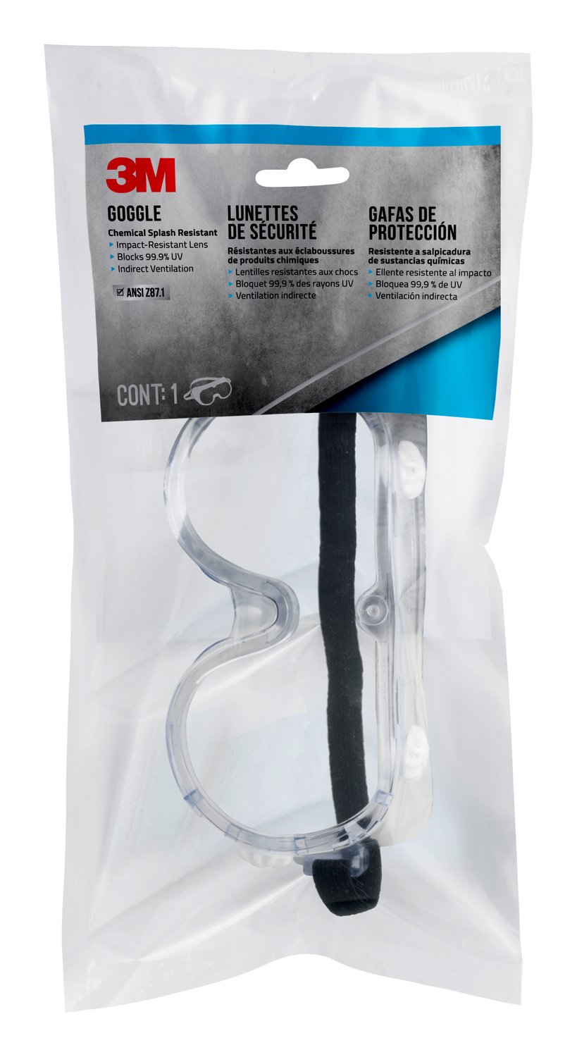 7100160477 - 3M Goggle Chemical Splash, 91252P1-DC, Black Strap, Clear Lens, 10/case