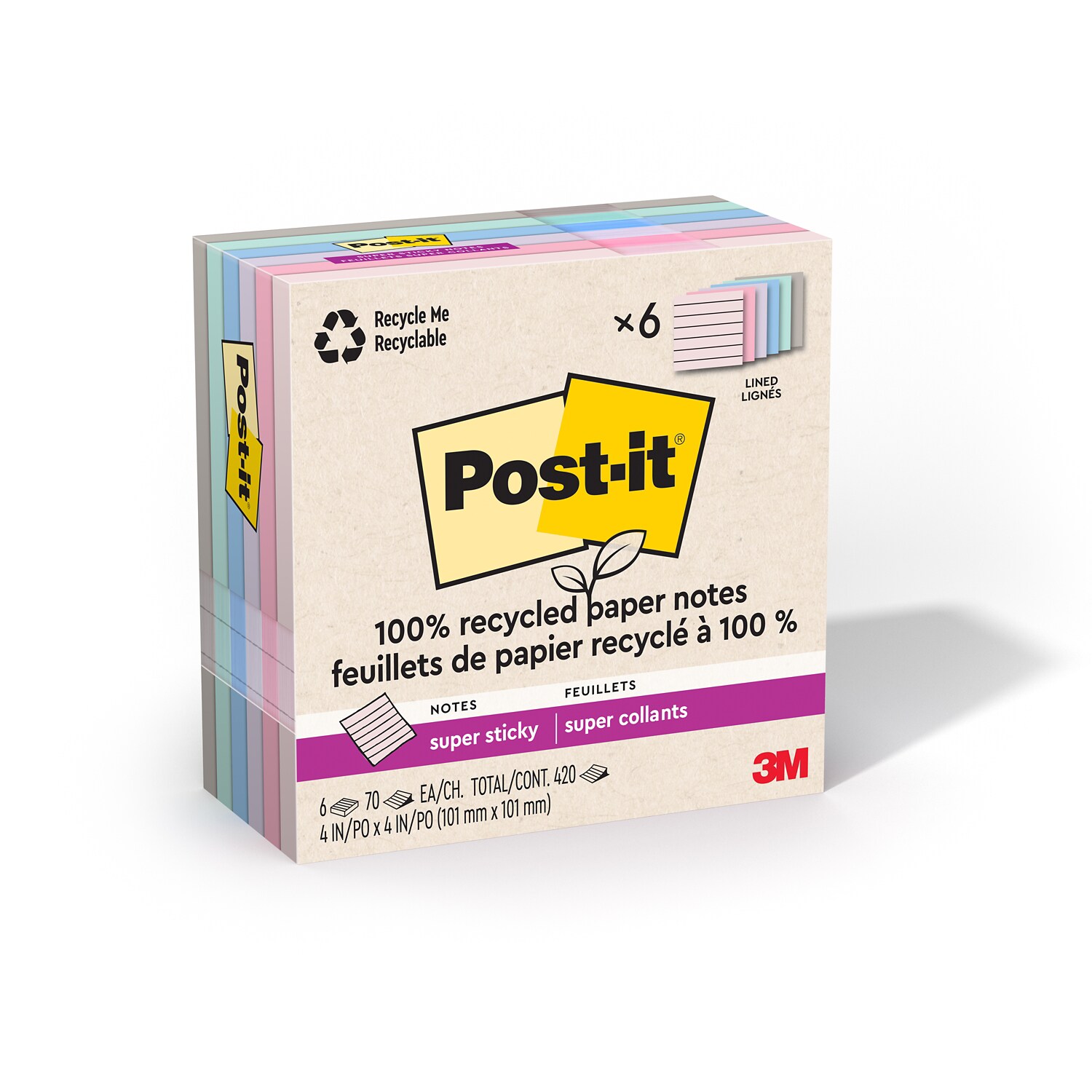 7100322874 - Post-it Super Sticky Recycled Notes 675R-6SSNRP, 4 in x 4 in (101 mm x 101 mm), 100% PEFC, SGSCH-PEFC-COC-110078
