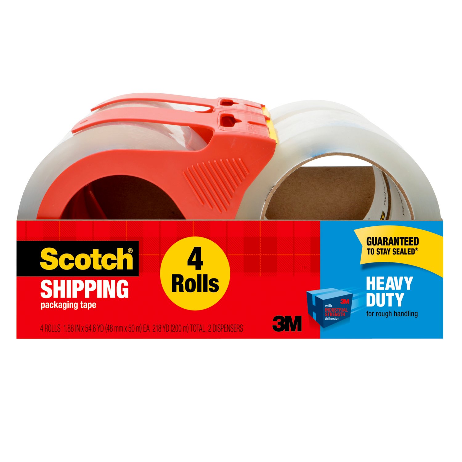 7100175189 - Scotch Heavy Duty Shipping Packaging Tape 3850-4-2RD, 1.88 in x 54.6 yd
(48 mm x 50 m) 4 Rolls with 2 Dispenser