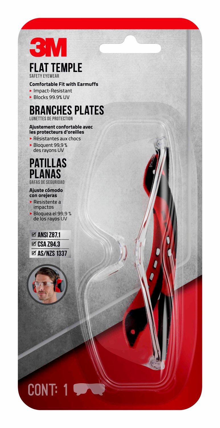 7100160887 - 3M Flat Temple Eyewear, 47010H1-C, Black/Red, Clear Lens, Anti-Scratch, 12/case