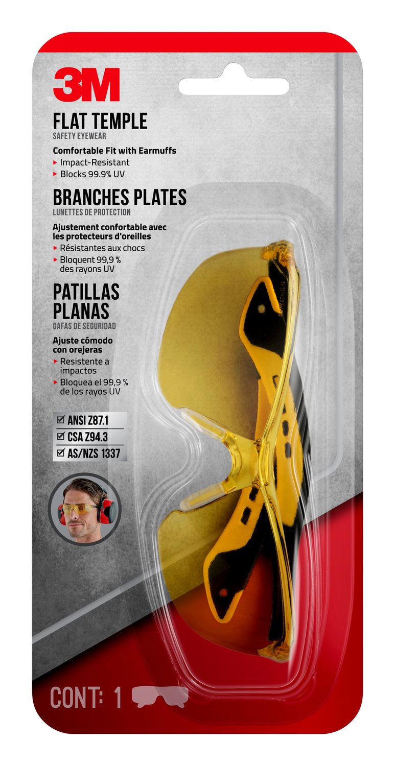 7100166607 - 3M Flat Temple Eyewear Anti-Scratch, 47013H1-DC, Black/Yellow, Amber Lens, 6/case