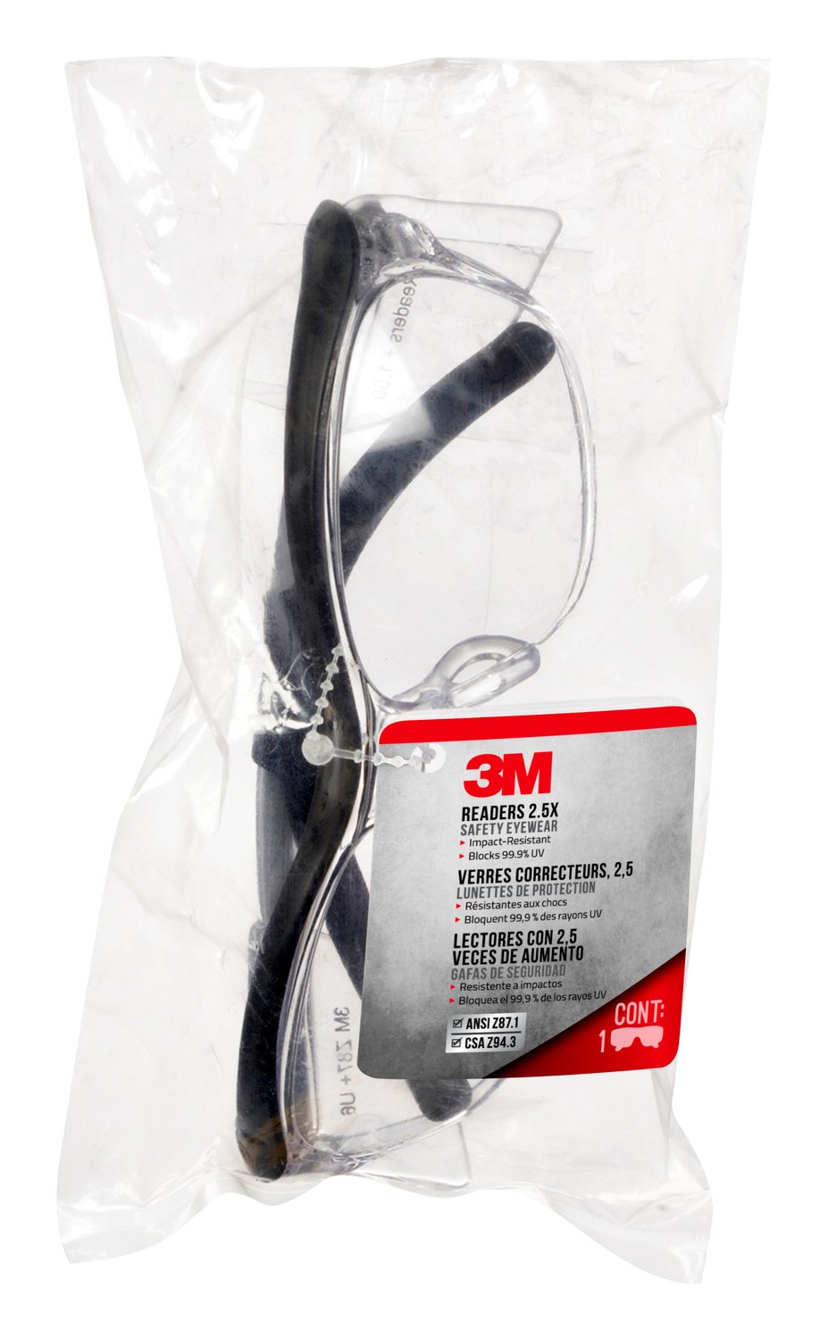 7100169969 - 3M Readers Safety Glasses, 91193H1-C, +2.5, Blk Frm, Clr Lens