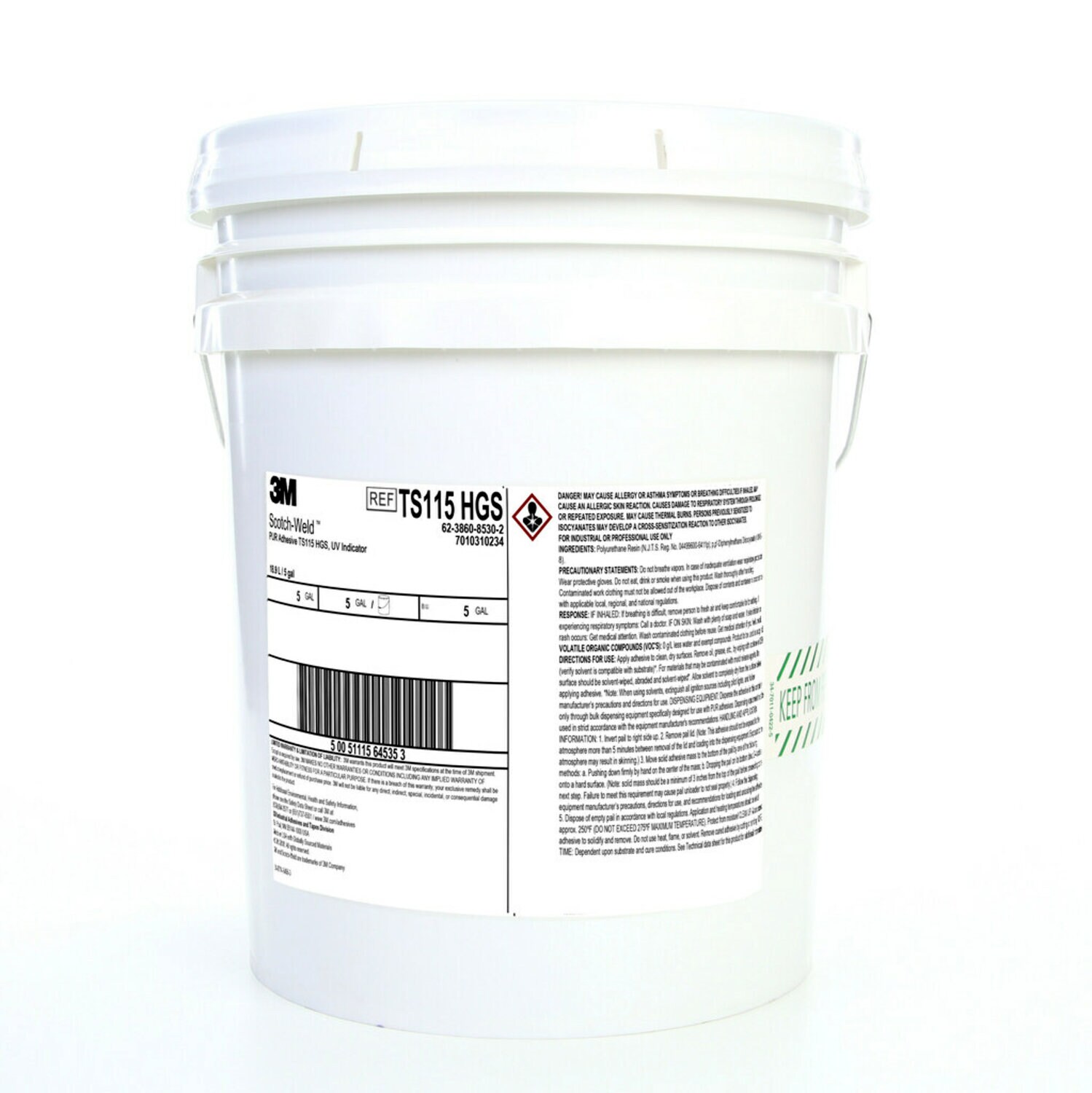 7010310234 - 3M Scotch-Weld PUR Adhesive TS115 HGS, UV Indicator, Off-White, 5
Gallon (36 lb), Drum