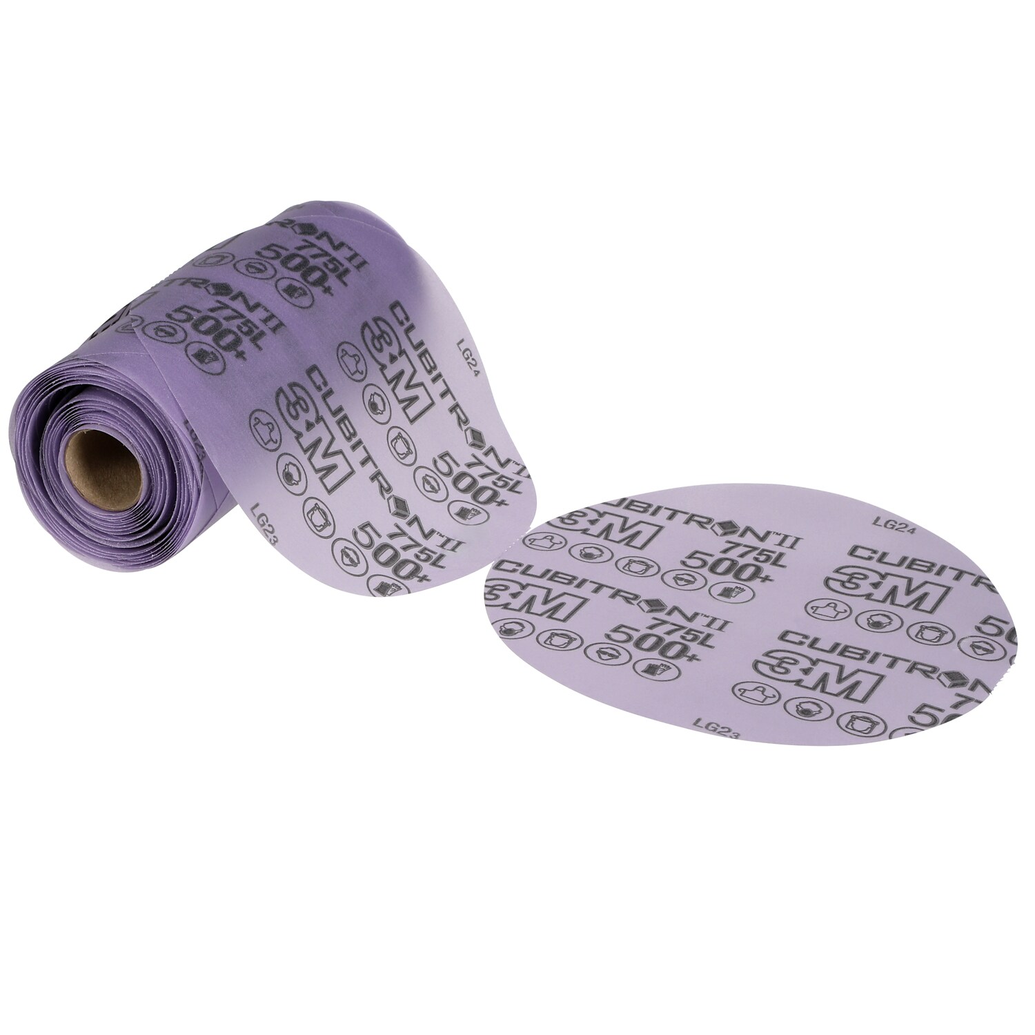 7100383724 - 3M Cubitron II Stikit Film Disc Roll 775L, 500+ 3MIL, 5 in x NH, Linered, 500X, 100 Discs/Roll, 4 Rolls/Case