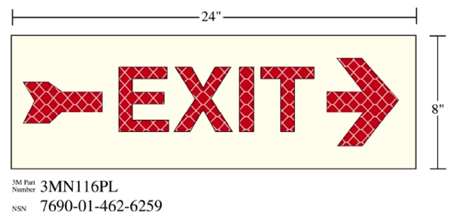 7010389817 - 3M Photoluminescent Film 6900, Shipboard Sign 3MN116PL, 24 in x 8 in, EXIT with Right Arrow, 10/Package