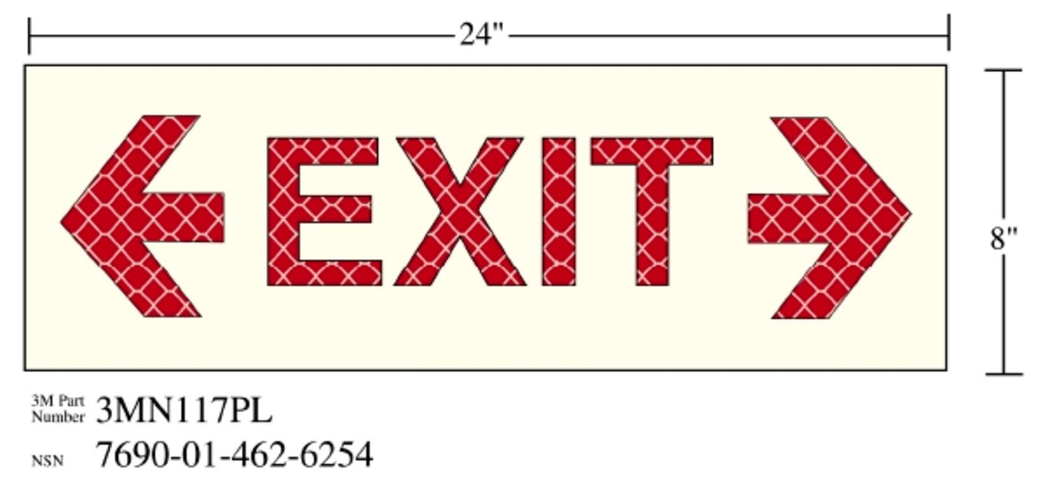 7010317781 - 3M Photoluminescent Film 6900, Shipboard Sign 3MN117PL, 24 in x 8 in, EXIT with Double Arrow, 10/Package