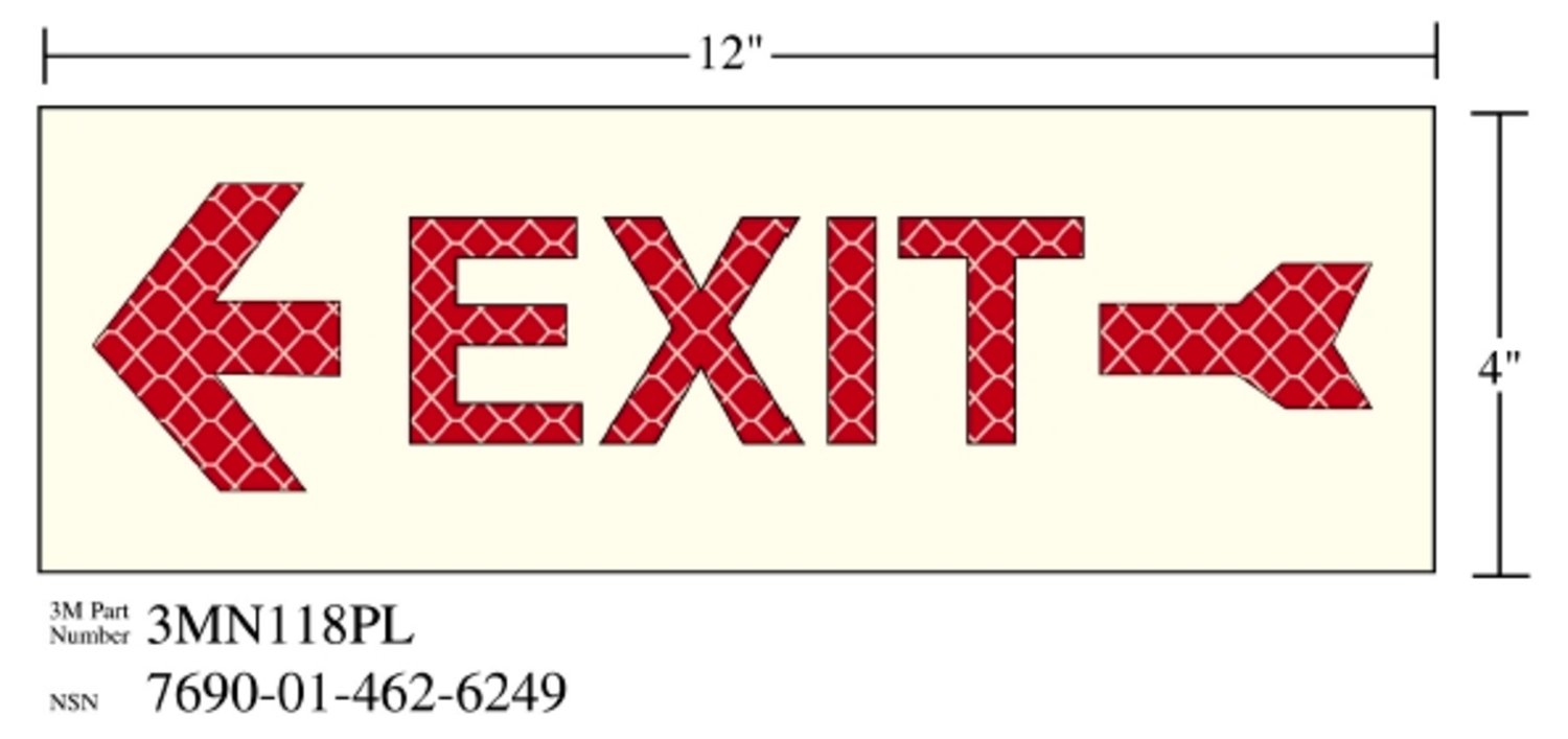 7010389818 - 3M Photoluminescent Film 6900, Shipboard Sign 3MN118PL, 12 in x 4 in, EXIT with Left Arrow, 10/Package