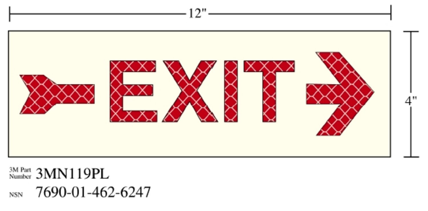 7010343543 - 3M Photoluminescent Film 6900, Shipboard Sign 3MN119PL, 12 in x 4 in, EXIT with Right Arrow, 10/Package