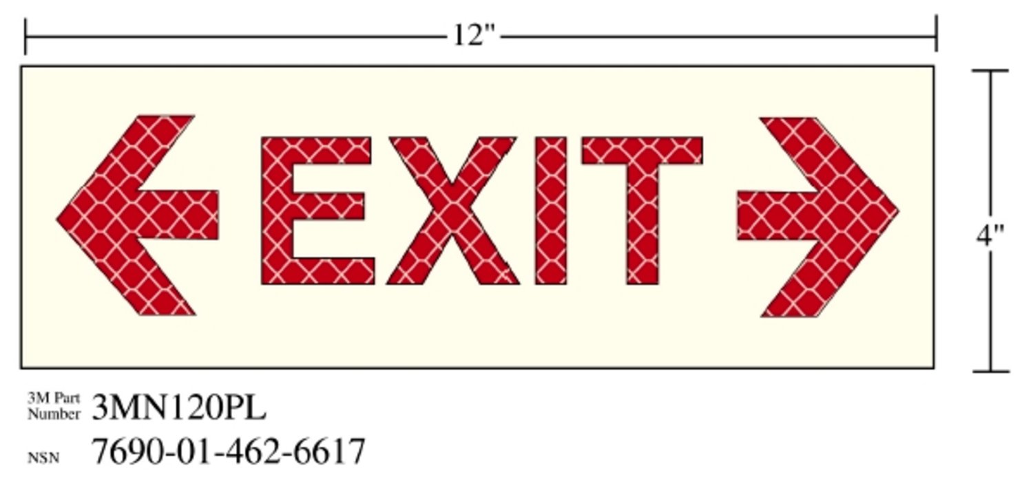 7010296997 - 3M Photoluminescent Film 6900, Shipboard Sign 3MN120PL, 12 in x 4 in, EXIT with Double Arrow, 10/Package