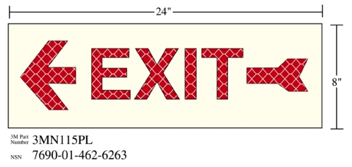 7010343542 - 3M Photoluminescent Film 6900, Shipboard Sign 3MN115PL, 24 in x 8 in, EXIT with Left Arrow, 10/Package