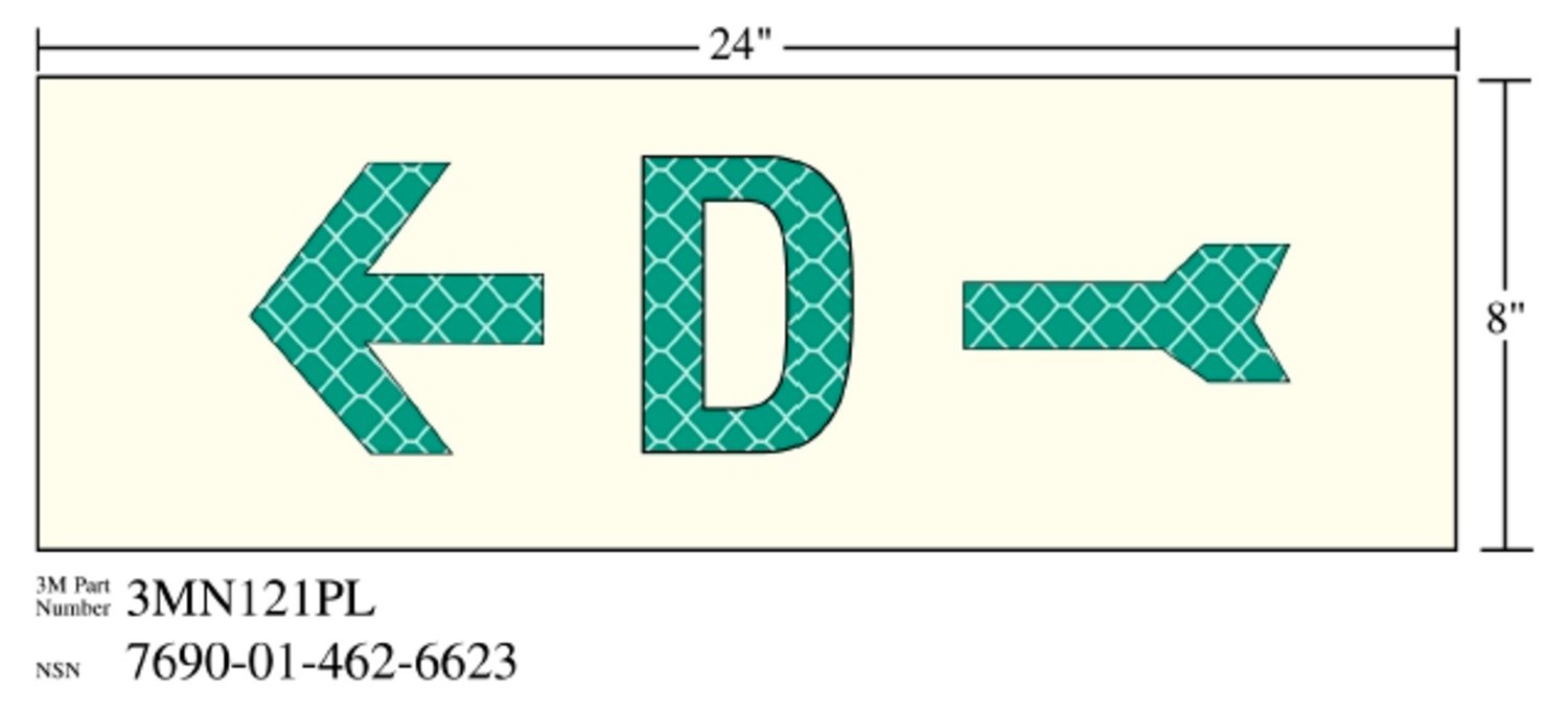 7010389819 - 3M Photoluminescent Film 6900, Shipboard Sign 3MN121PL, 24 in x 8 in, D with Left Arrow, 10/Package