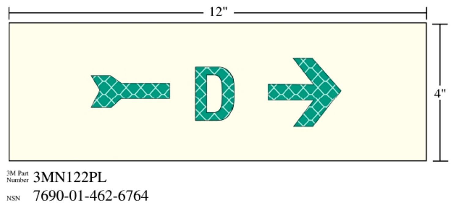 7010343544 - 3M Photoluminescent Film 6900, Shipboard Sign 3MN122PL, 12 in x 4 in, D with Right Arrow, 10/Package