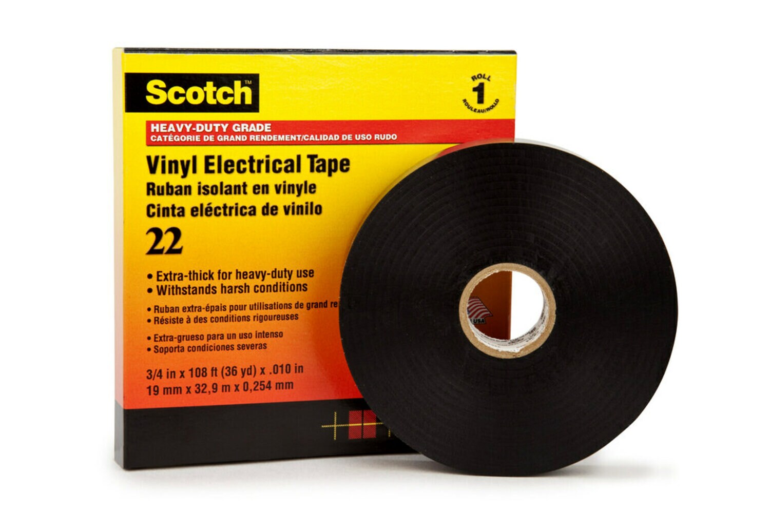 7000042539 - Scotch Vinyl Electrical Tape 22, 1 in x 36 yd, Black, 12 rolls/carton,
48 rolls/Case