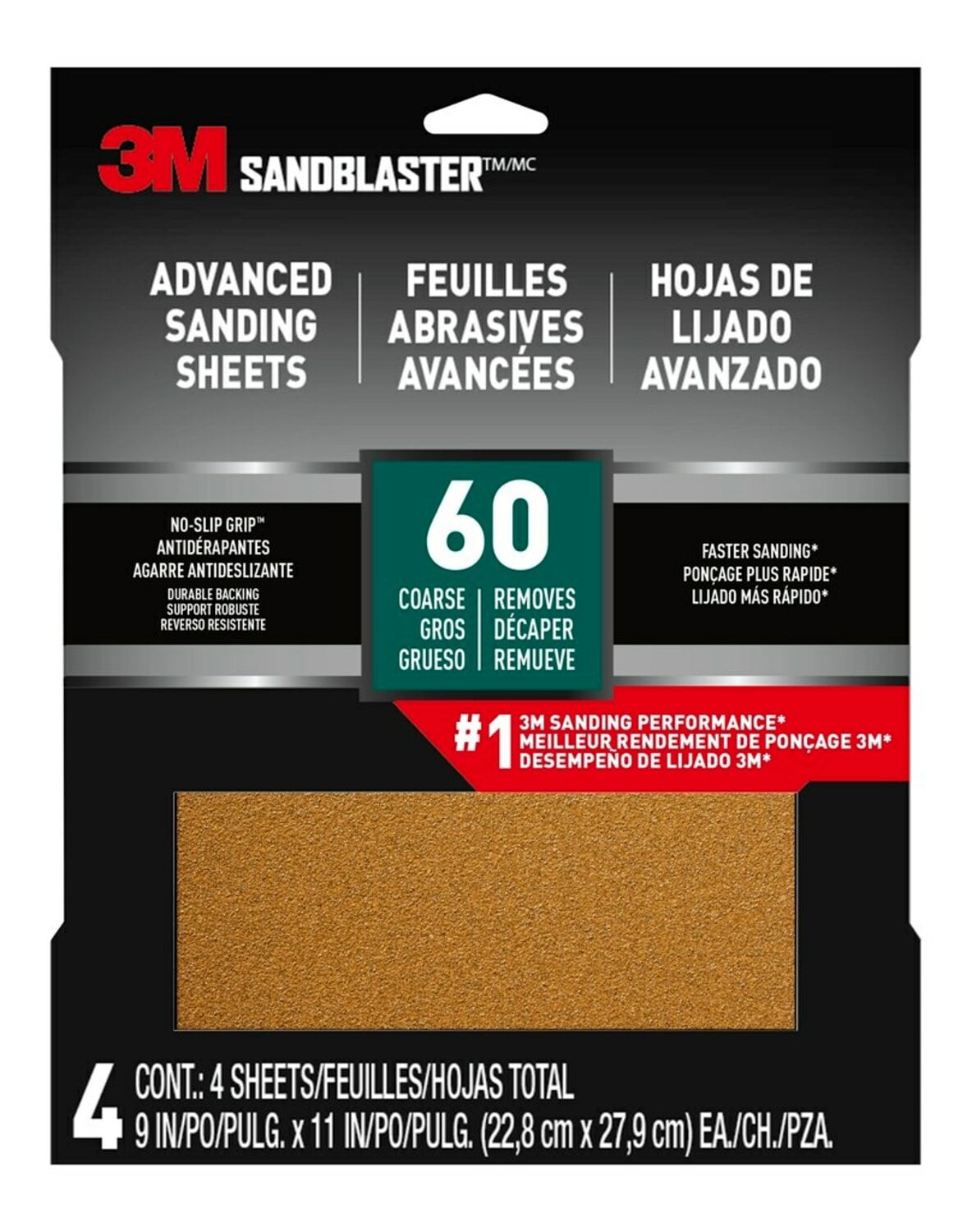 7100183446 - 3M SandBlaster ADVANCED SANDING Sanding Sheets w/ NO-SLIP GRIP,
20060-G-4 ,60 grit, 9 in x 11 in, 4/pk