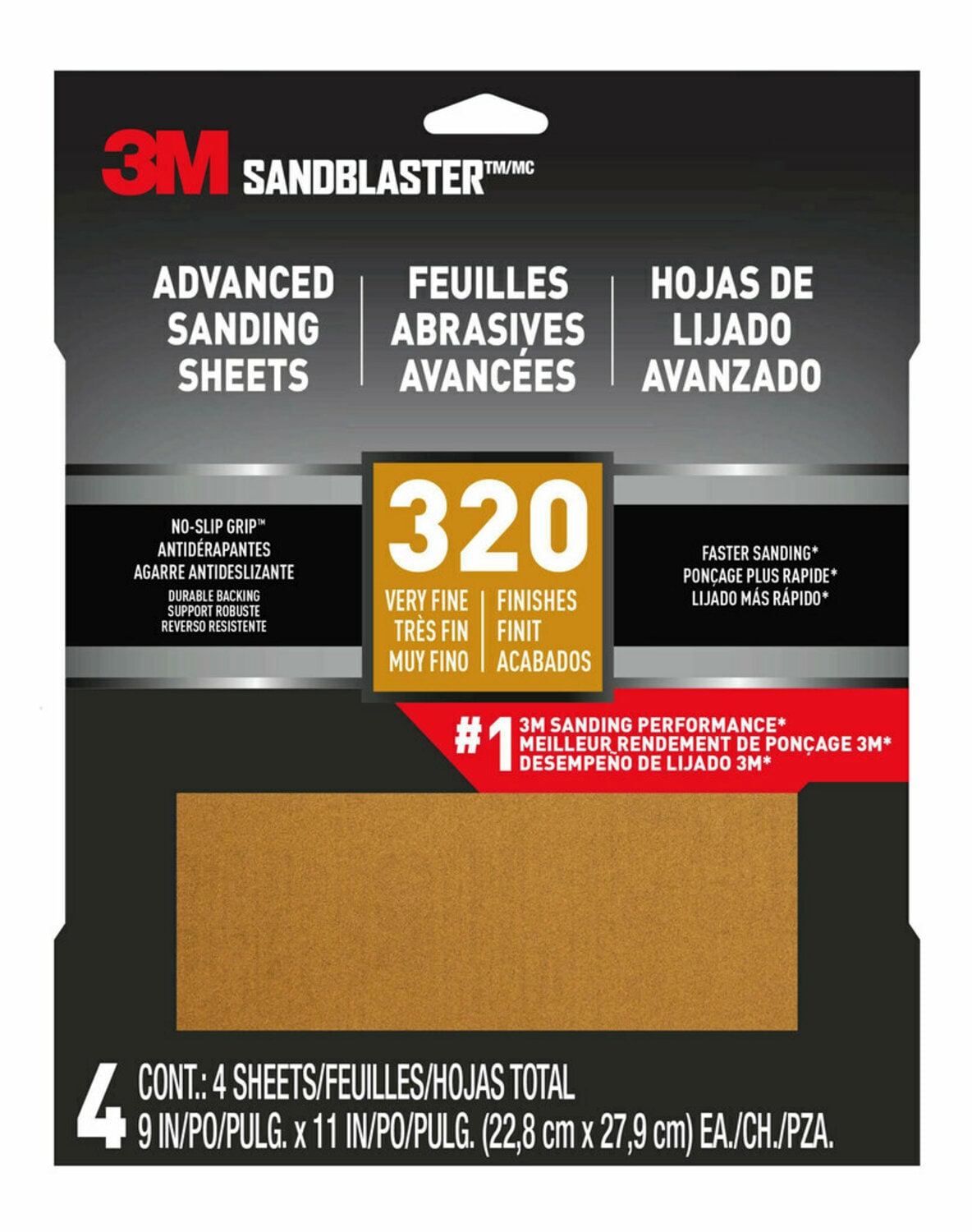 7100286444 - 3M SandBlaster Advanced Sanding Sheets w/ NO-SLIP GRIP Backing 20320-G-4, 9 in x 11 in, 320 Grit, 4 Shts/pk