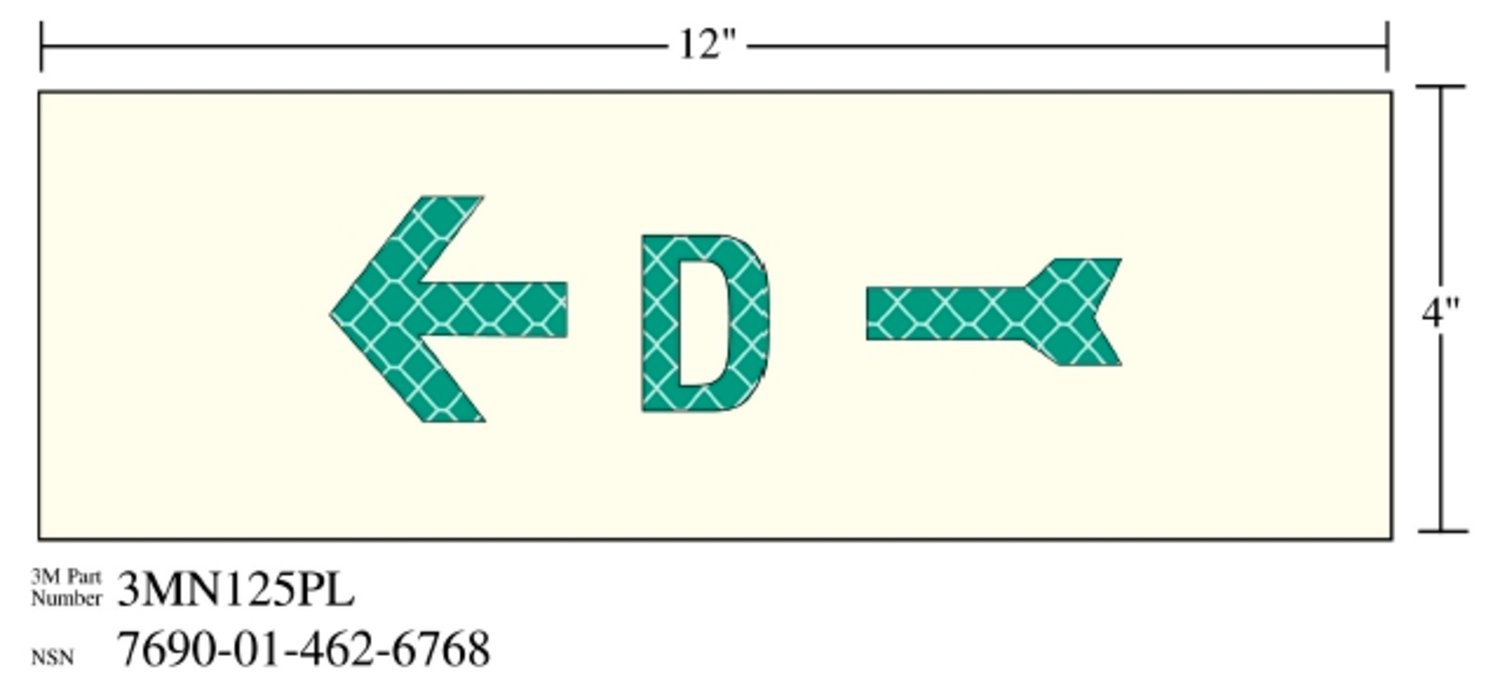 7010317782 - 3M Photoluminescent Film 6900, Shipboard Sign 3MN125PL, 12 in x 4 in, D with Left Arrow, 10/Package