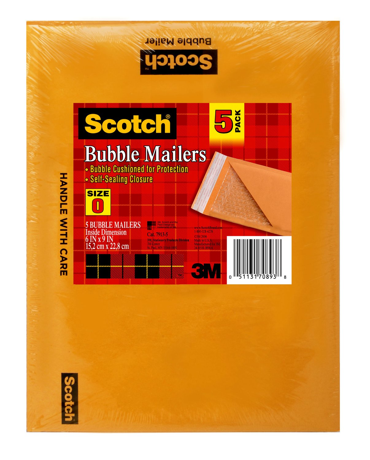 7010333464 - Scotch Kraft Bubble Mailer 5-Pack, 7913-5, 6 in x 9 in Size #0