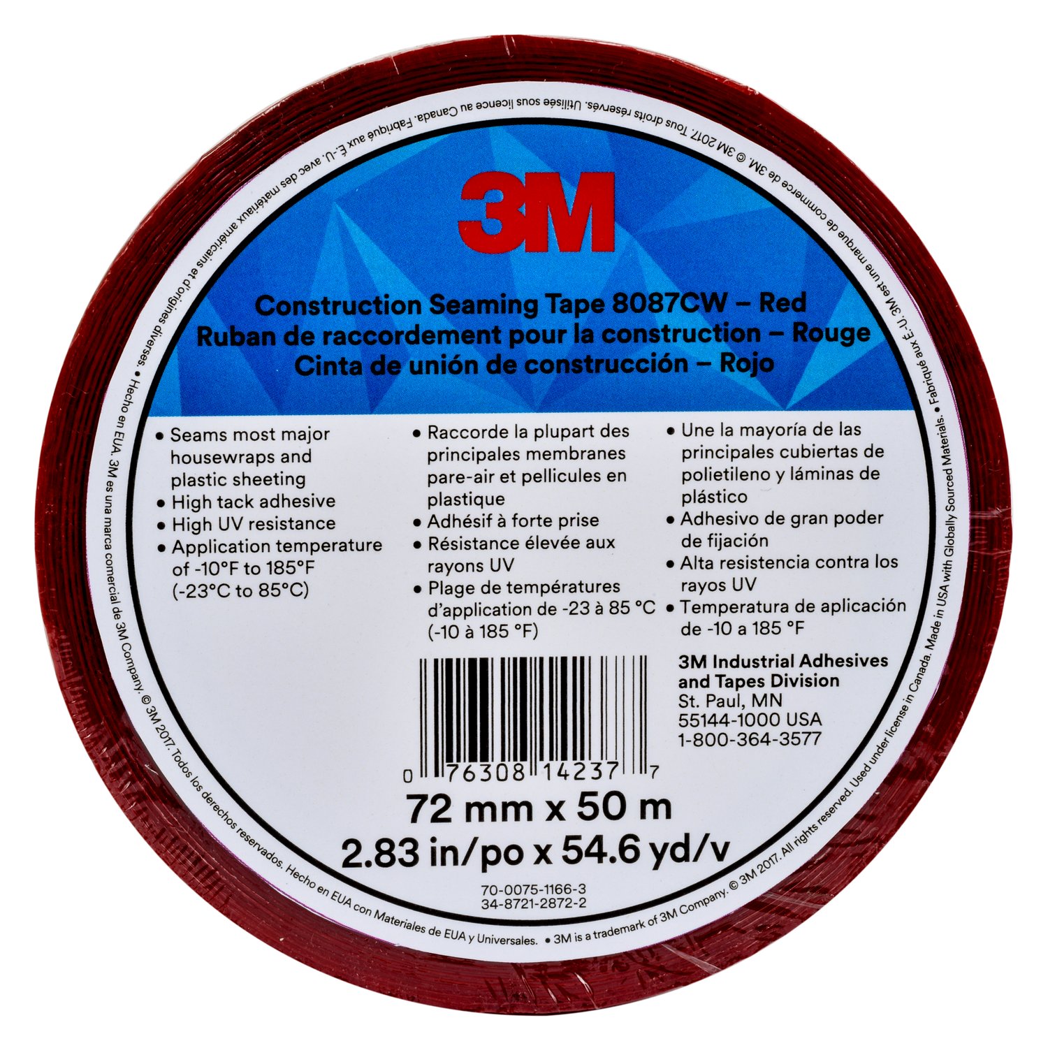 7010291680 - 3M Construction Seaming Tape 8087CW, Red, 99 mm x 50 m, 12 rolls per
case