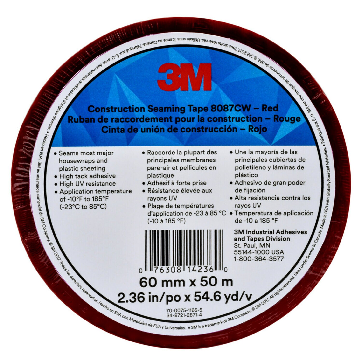 7010379551 - 3M Construction Seaming Tape 8087CW, Red, 60 mm x 50 m, 20 Roll/Case