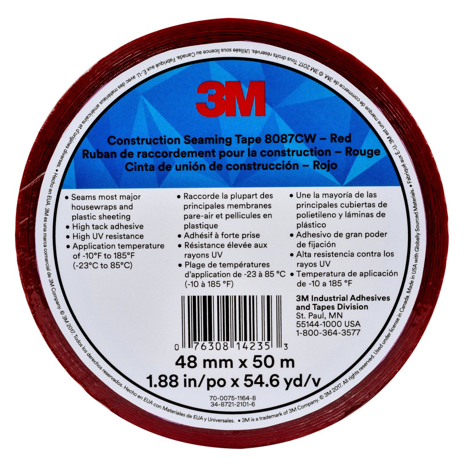 7010314187 - 3M Construction Seaming Tape 8087CW, Red, 48 mm x 50 m, 24 Roll/Case