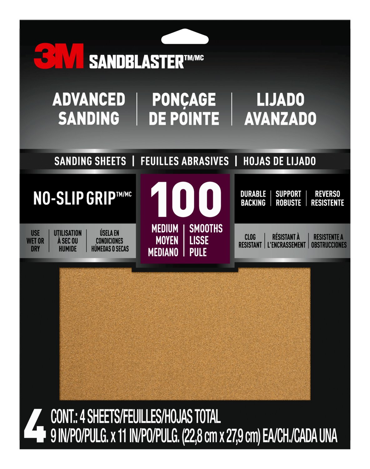 7100141239 - 3M SandBlaster Advanced Sanding Sanding Sheets w/ NO-SLIP GRIP,
20100-G-4 ,100 grit, 9 in x 11 in, 4/pk