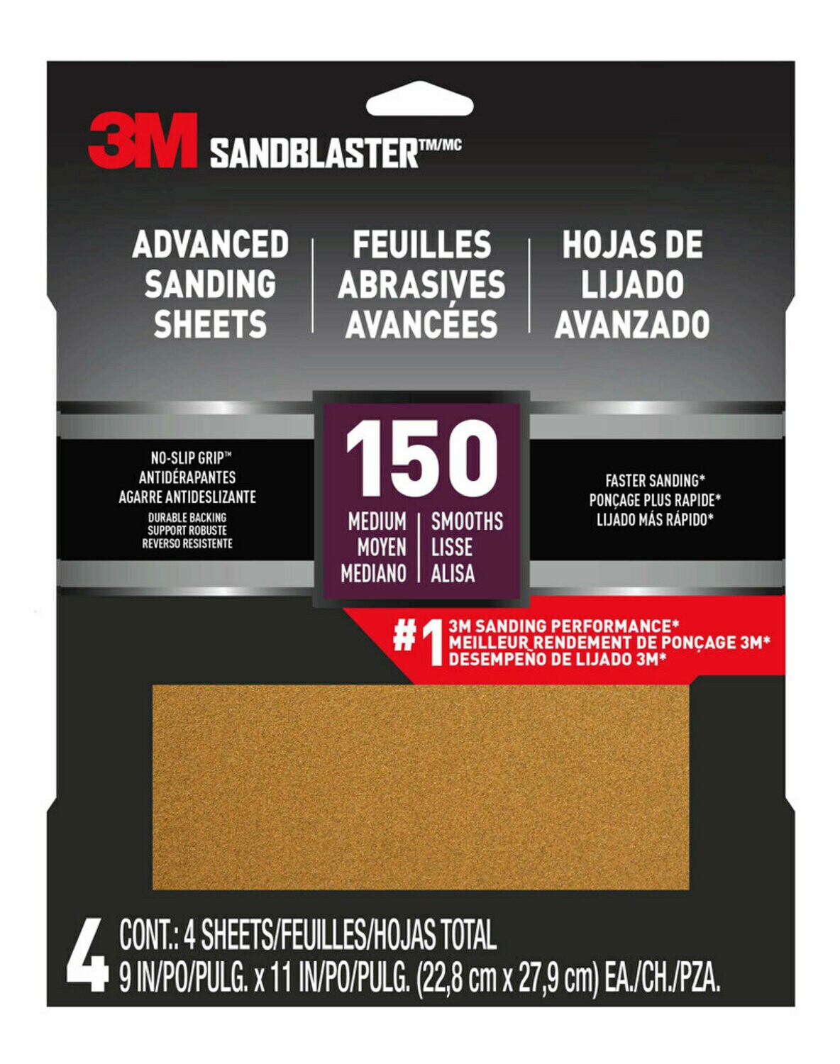 7100284678 - 3M SandBlaster Advanced Sanding Sheets w/ NO-SLIP GRIP Backing 20150-G-4, 9 in x 11 in, 150 Grit, 4 Shts/pk