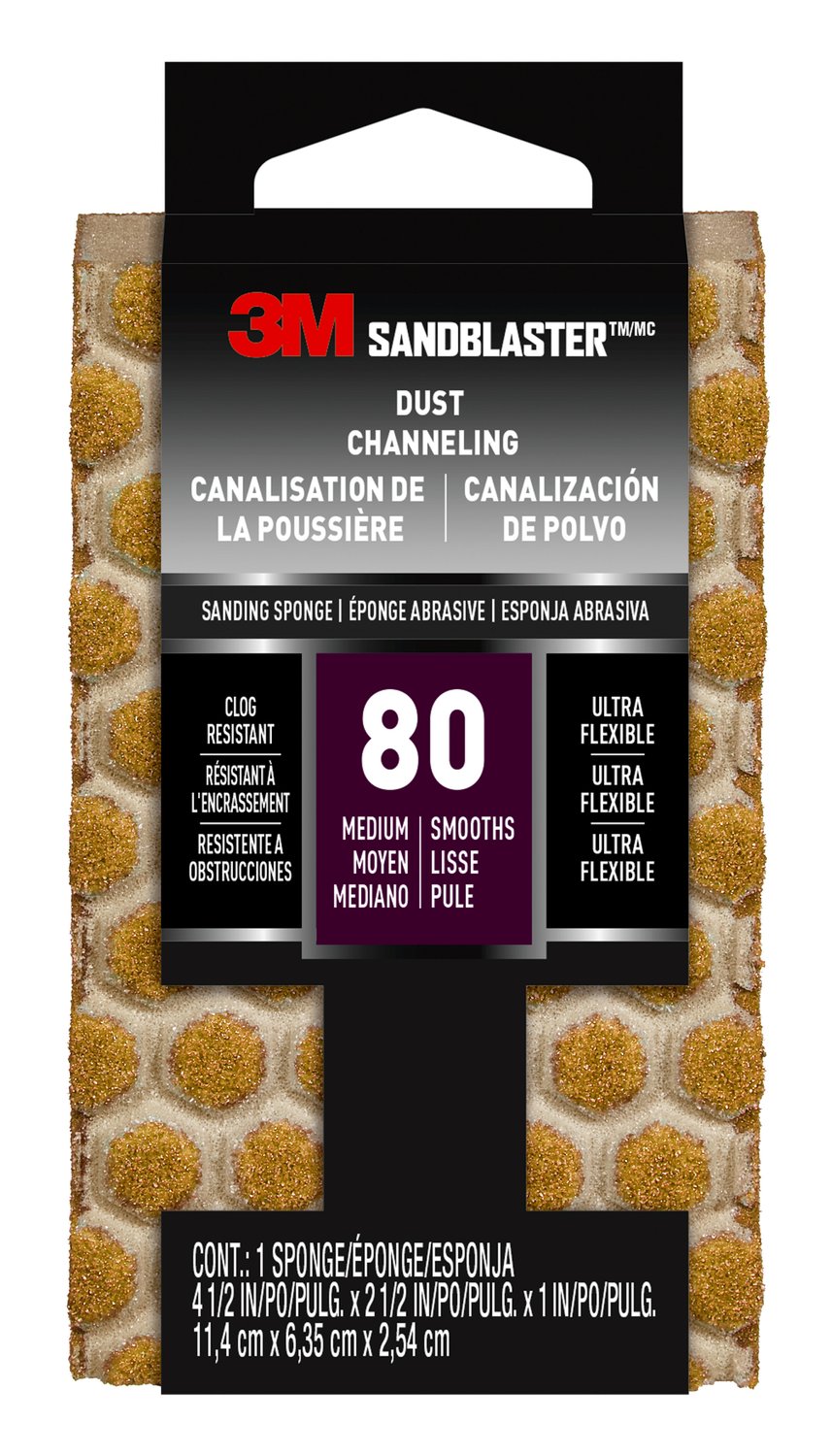 7100183337 - 3M SandBlaster DUST CHANNELING Sanding Sponge, 20908-80-UFS ,80 grit,
4 1/2 in x 2 1/2 x 1 in, 10/case