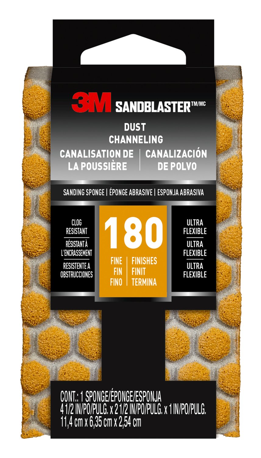 7100074382 - 3M SandBlaster DUST CHANNELING Sanding Sponge, 20907-180-UFS ,180
grit, 4 1/2 in x 2 1/2 x 1 in, 1/pk