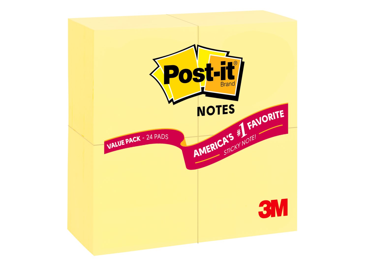 7100252831 - Post-it Notes 654-24VAD-B, 3 in x 3 in (76 mm x 76 mm) Canary Yellow