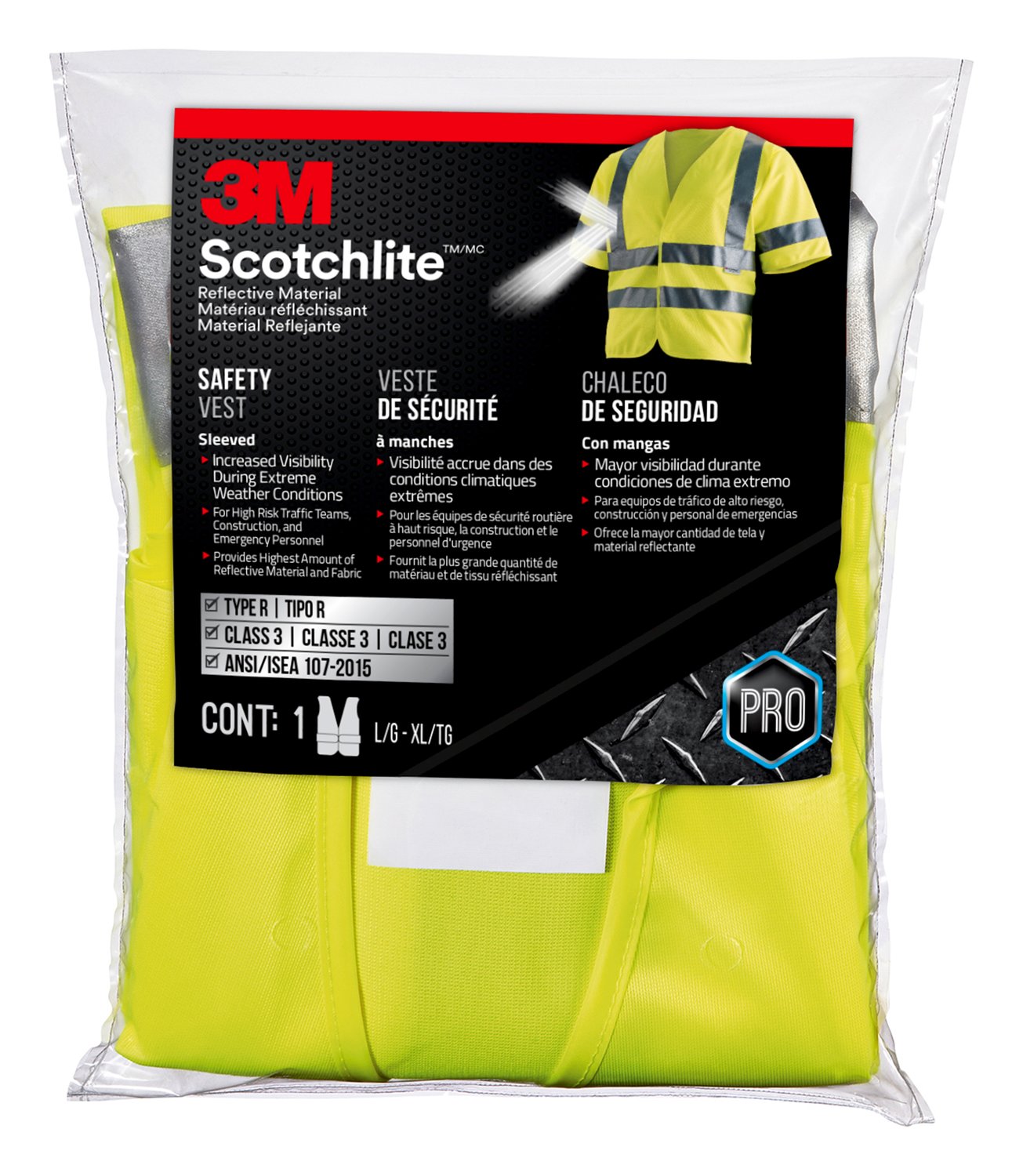 7100185129 - 3M Reflective Vest Short Sleeve Construction Safety Vest– Class 3, 94900H1-DC, Yellow, 5/case