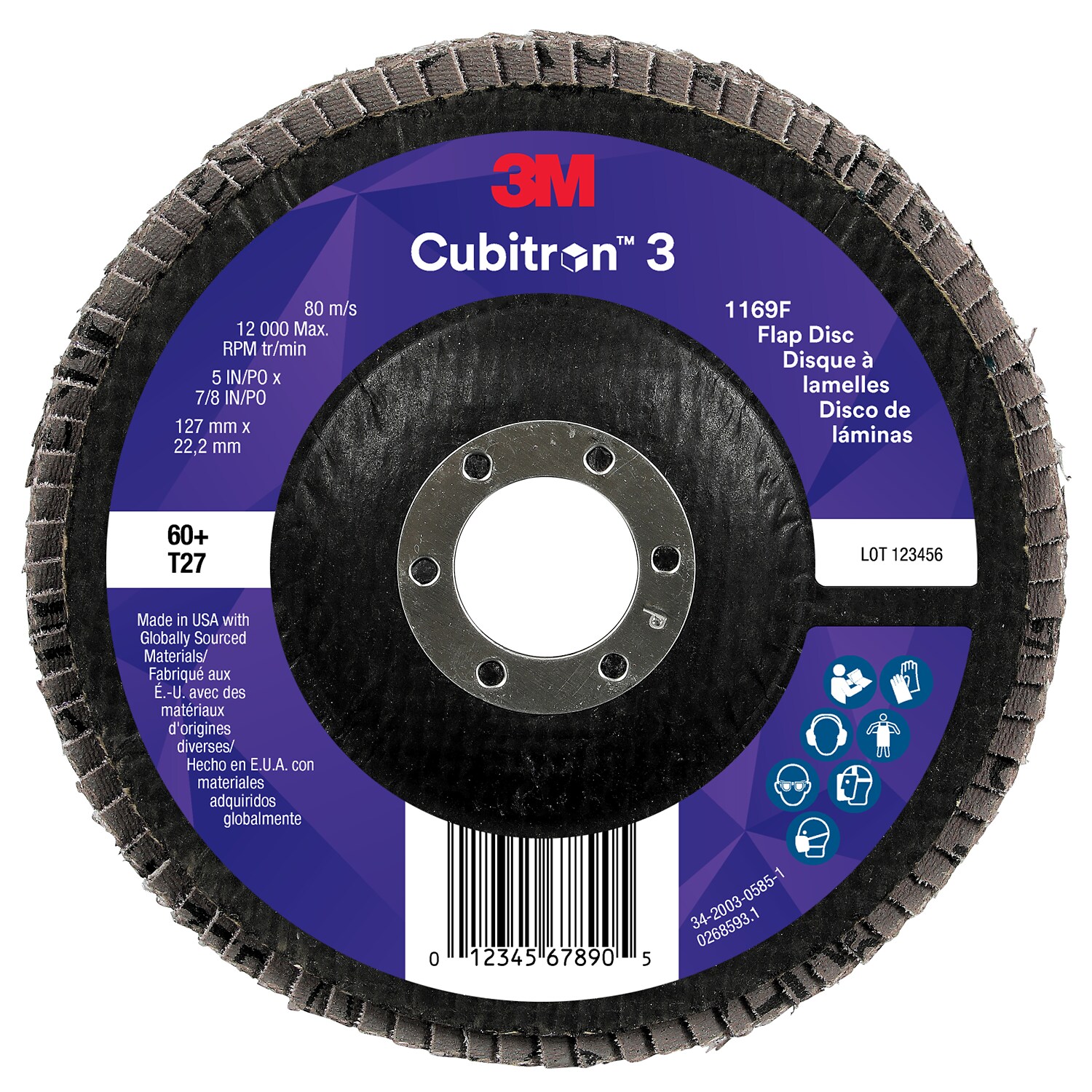 7100380168 - 3M Cubitron 3 Flap Disc 1169F, 60+, T27-Flat, 5 in x 7/8 in, 10 ea/Case