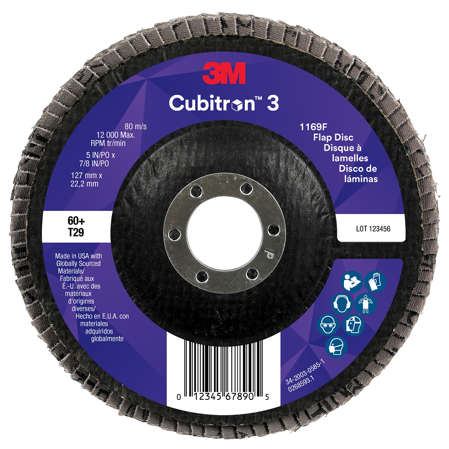 7100380496 - 3M Cubitron 3 Flap Disc 1169F, 60+, T29-Conical, 5 in x 7/8 in, 10 ea/Case