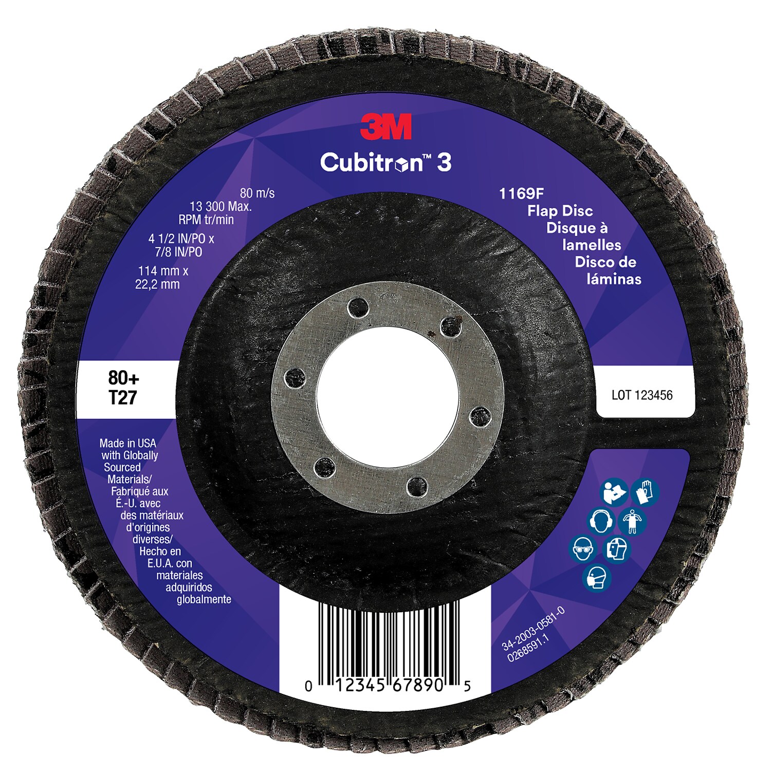 7100380218 - 3M Cubitron 3 Flap Disc 1169F, 80+, T27-Flat, 4-1/2 in x 7/8 in, 10 ea/Case