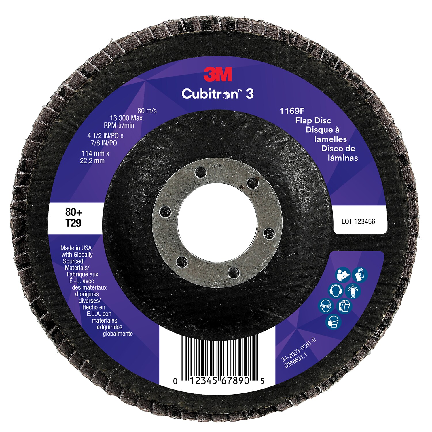 7100380288 - 3M Cubitron 3 Flap Disc 1169F, 80+, T29-Conical, 4-1/2 in x 7/8 in, 10 ea/Case
