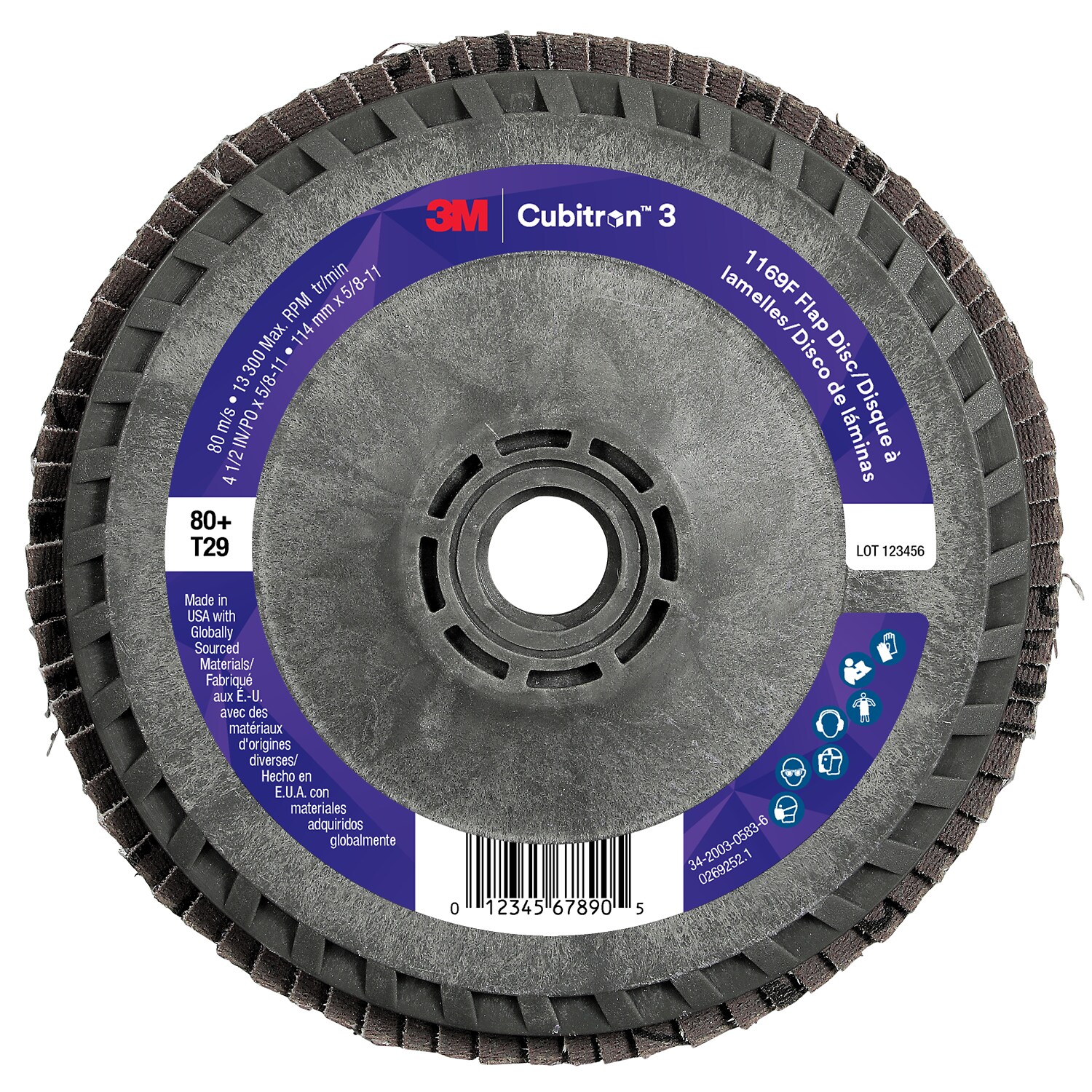 7100380219 - 3M Cubitron 3 Flap Disc 1169F, 80+, T29-Conical Quick Change, 4-1/2 in x 5/8 in-11, 10 ea/Case