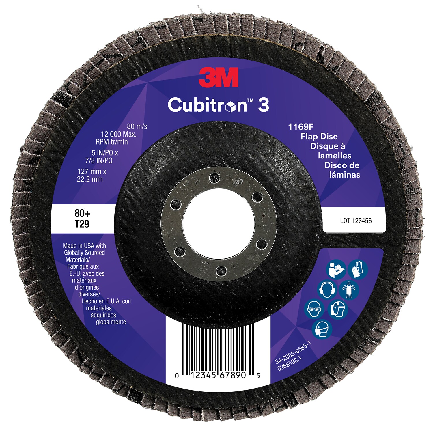 7100380316 - 3M Cubitron 3 Flap Disc 1169F, 80+, T29-Conical, 5 in x 7/8 in, 10 ea/Case