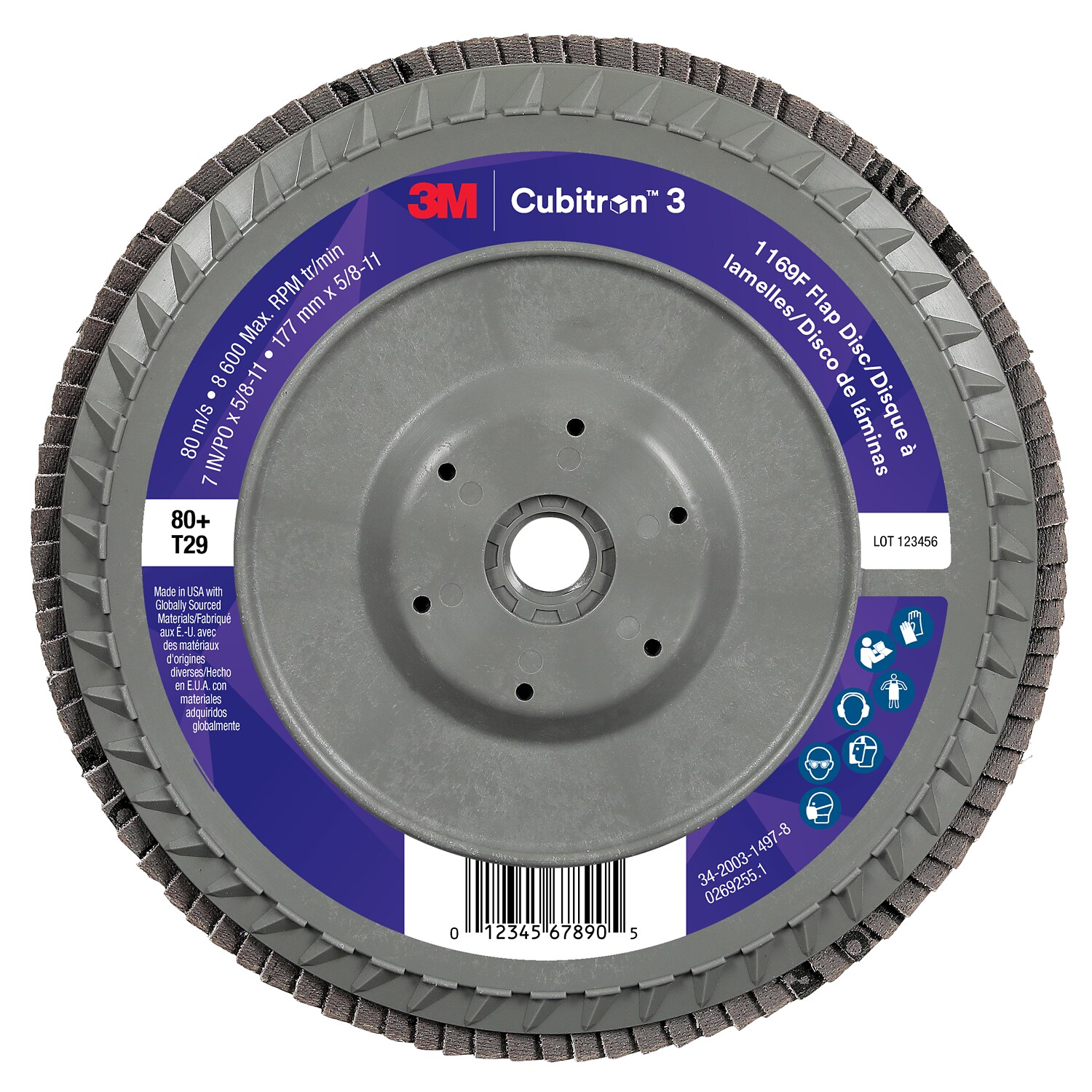 7100380504 - 3M Cubitron 3 Flap Disc 1169F, 80+, T29-Conical Quick Change, 7 in x 5/8 in-11, 5 ea/Case
