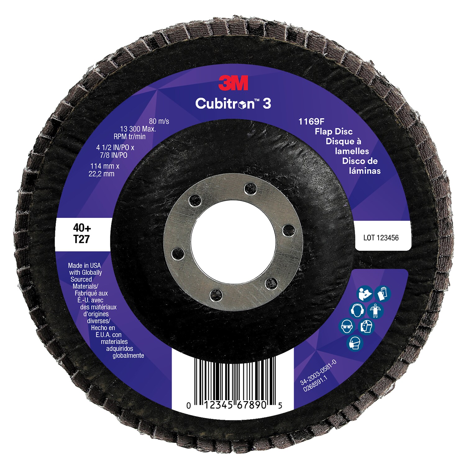 7100380474 - 3M Cubitron 3 Flap Disc 1169F, 40+, T27-Flat, 4-1/2 in x 7/8 in, 10 ea/Case