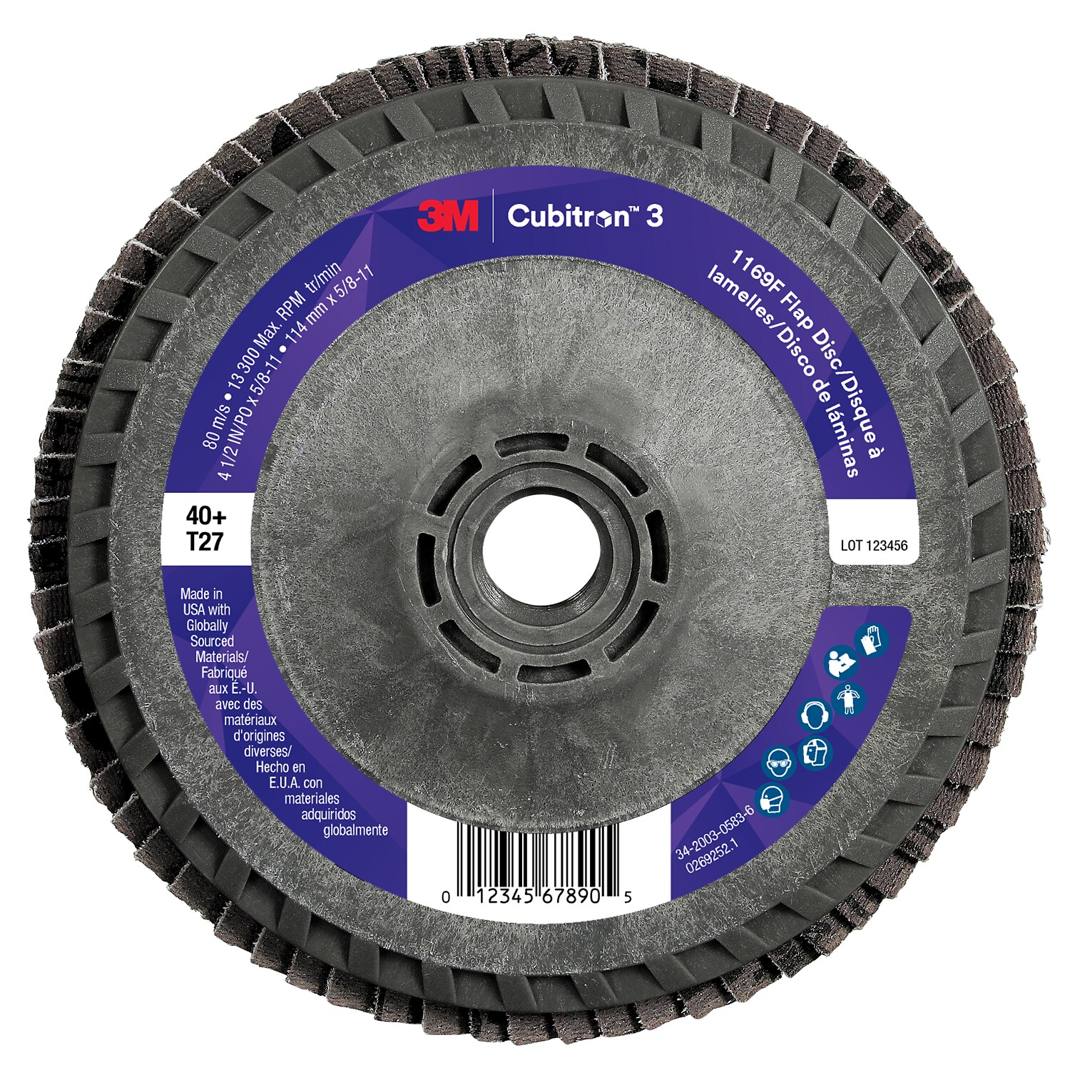 7100404324 - 3M Cubitron 3 Flap Disc 1169F, 40+, T27-Flat Quick Change, 4-1/2 in x 5/8 in-11, 10 ea/Case, Single Pack