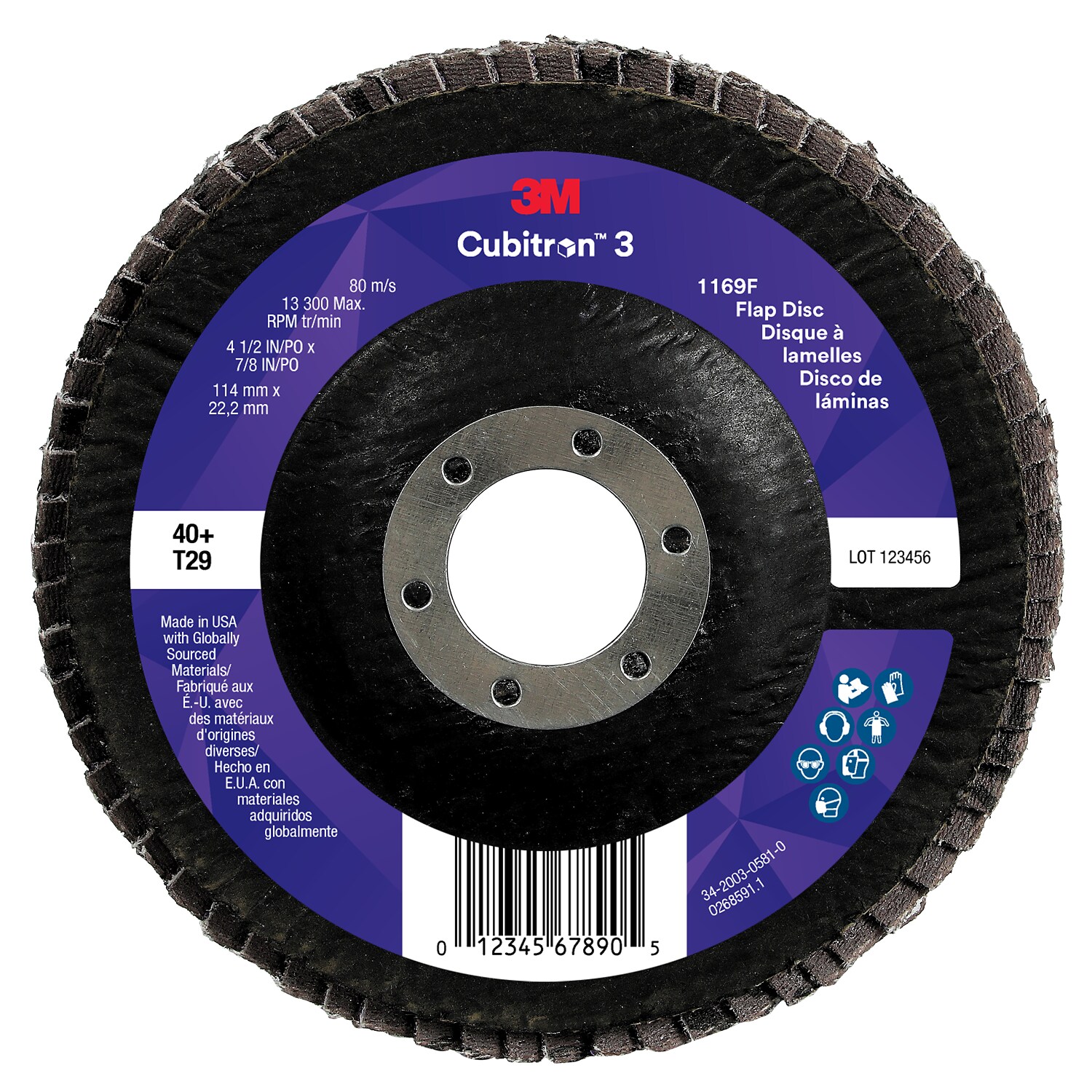 7100380484 - 3M Cubitron 3 Flap Disc 1169F, 40+, T29-Conical, 4-1/2 in x 7/8 in, 10 ea/Case