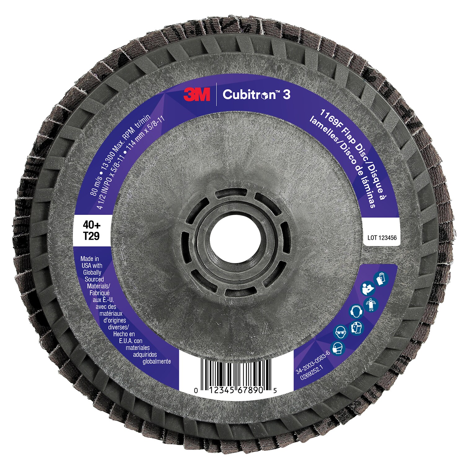 7100379929 - 3M Cubitron 3 Flap Disc 1169F, 40+, T29-Conical Quick Change, 4-1/2 in x 5/8 in-11, 10 ea/Case