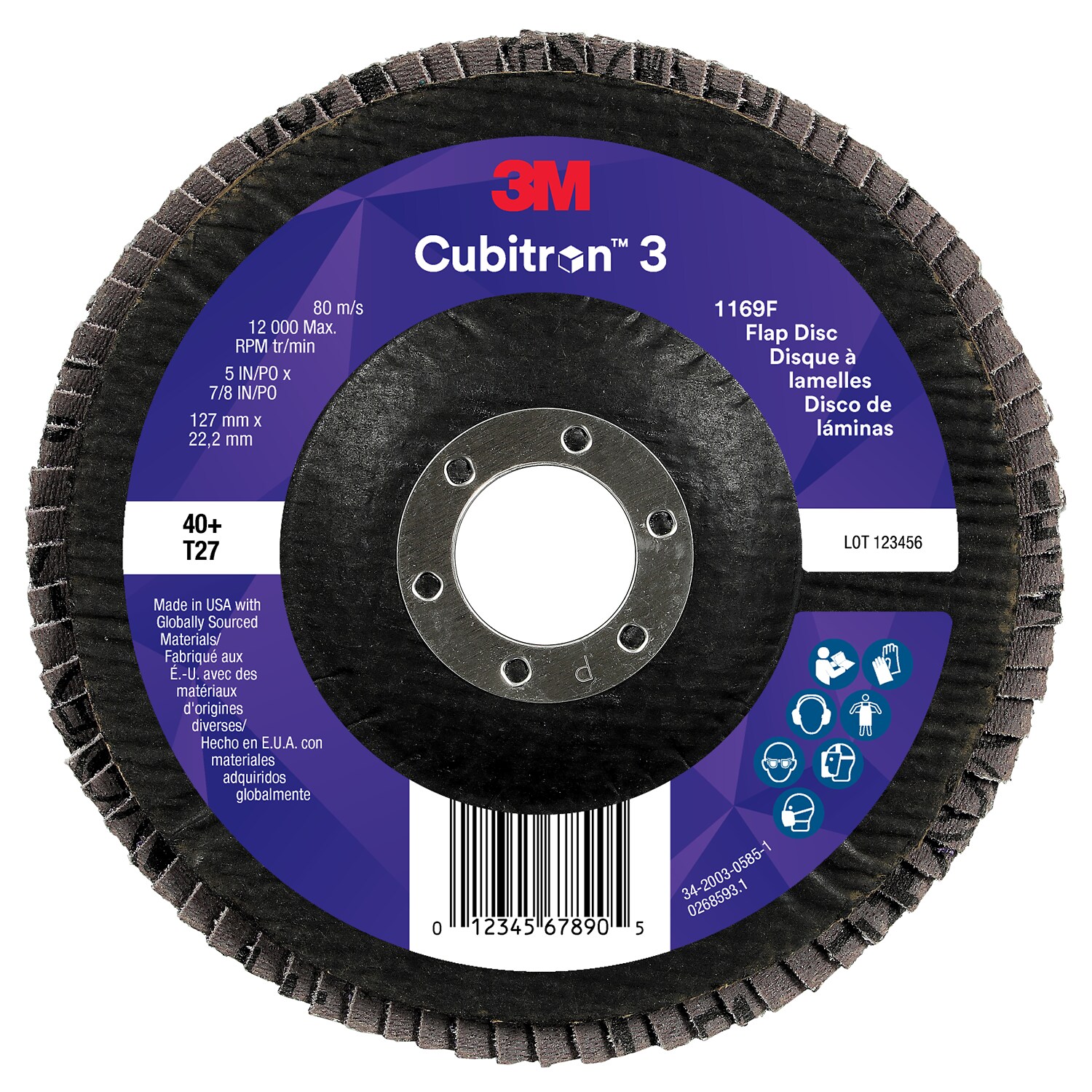 7100380493 - 3M Cubitron 3 Flap Disc 1169F, 40+, T27-Flat, 5 in x 7/8 in, 10 ea/Case