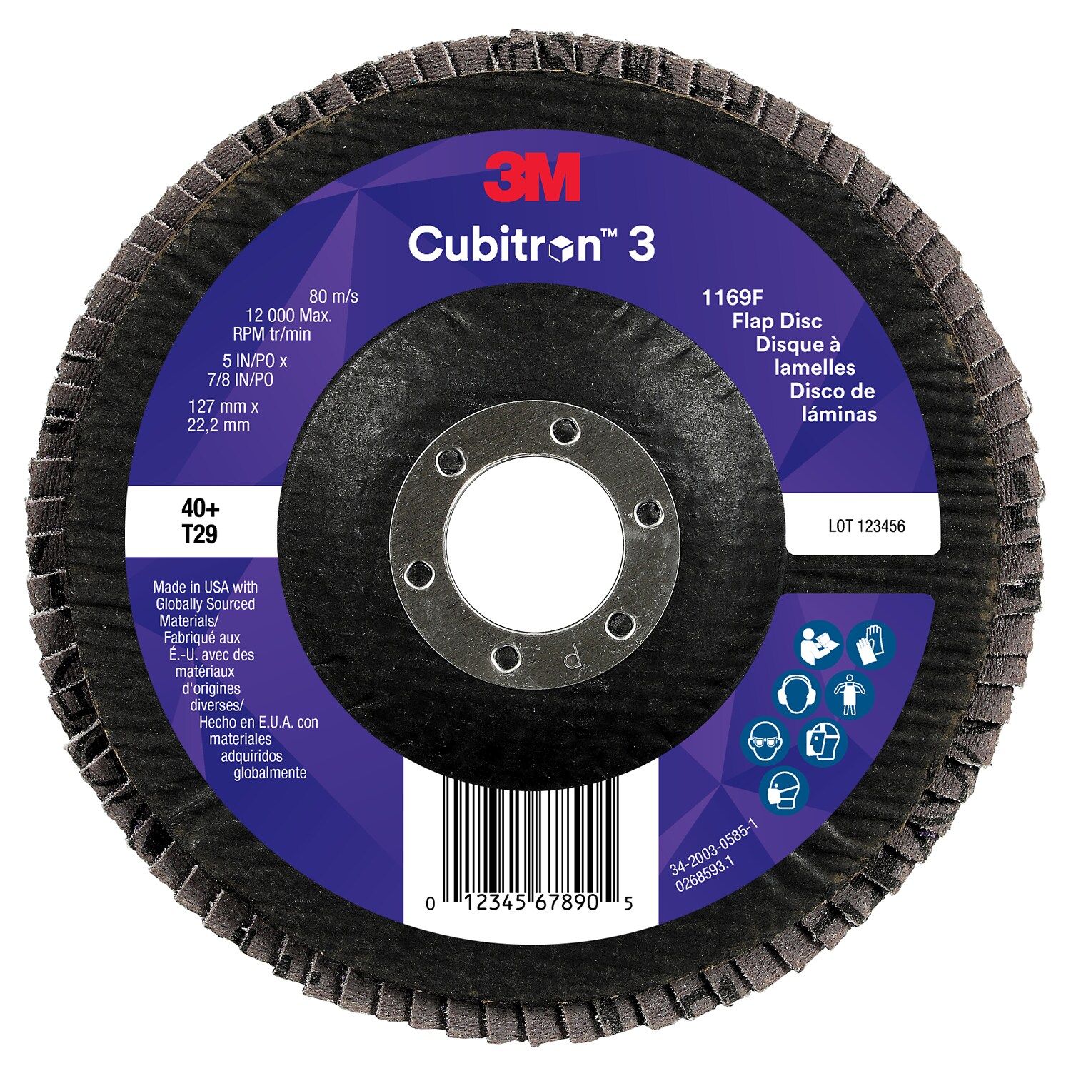 7100380494 - 3M Cubitron 3 Flap Disc 1169F, 40+, T29-Conical, 5 in x 7/8 in, 10 ea/Case
