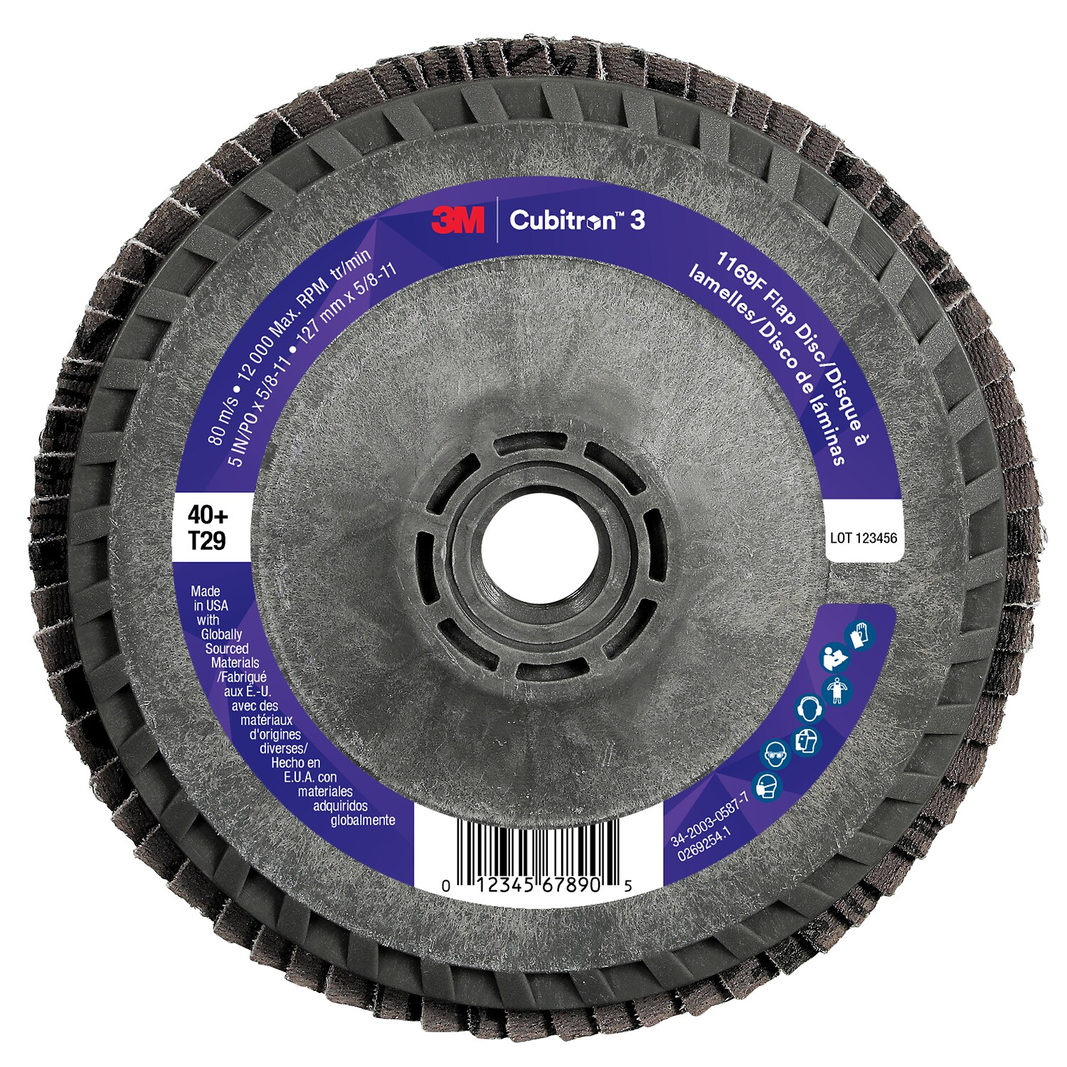 7100380207 - 3M Cubitron 3 Flap Disc 1169F, 40+, T29-Conical Quick Change, 5 in x 5/8 in-11, 10 ea/Case